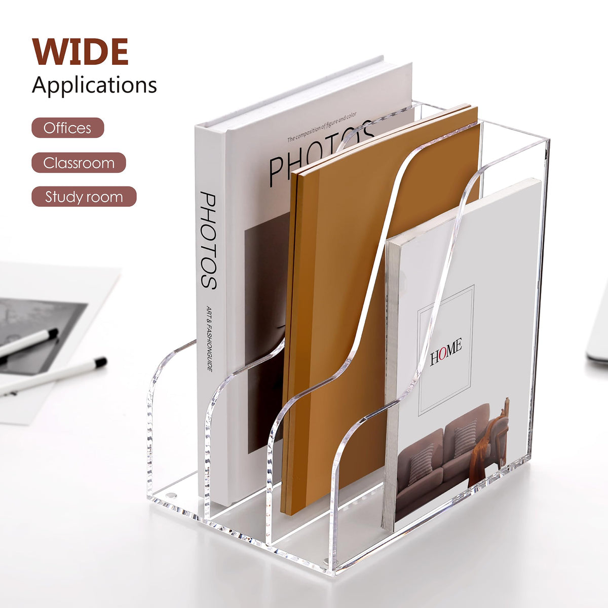 SANRUI Acrylic Desk Organizer, 3-Section Upright Magazine Holder, Clear A4
