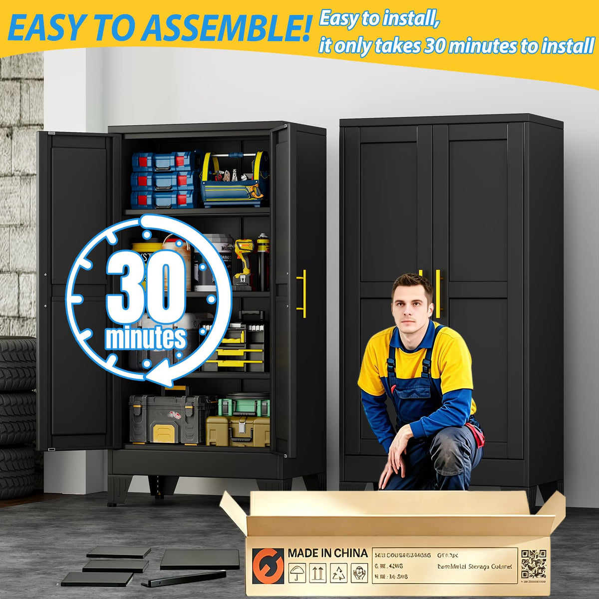 PAOFIN Metal Storage Cabinet with 2 Doors and 3 Adjustable Shelves, Metal Garage Storage Cabinets