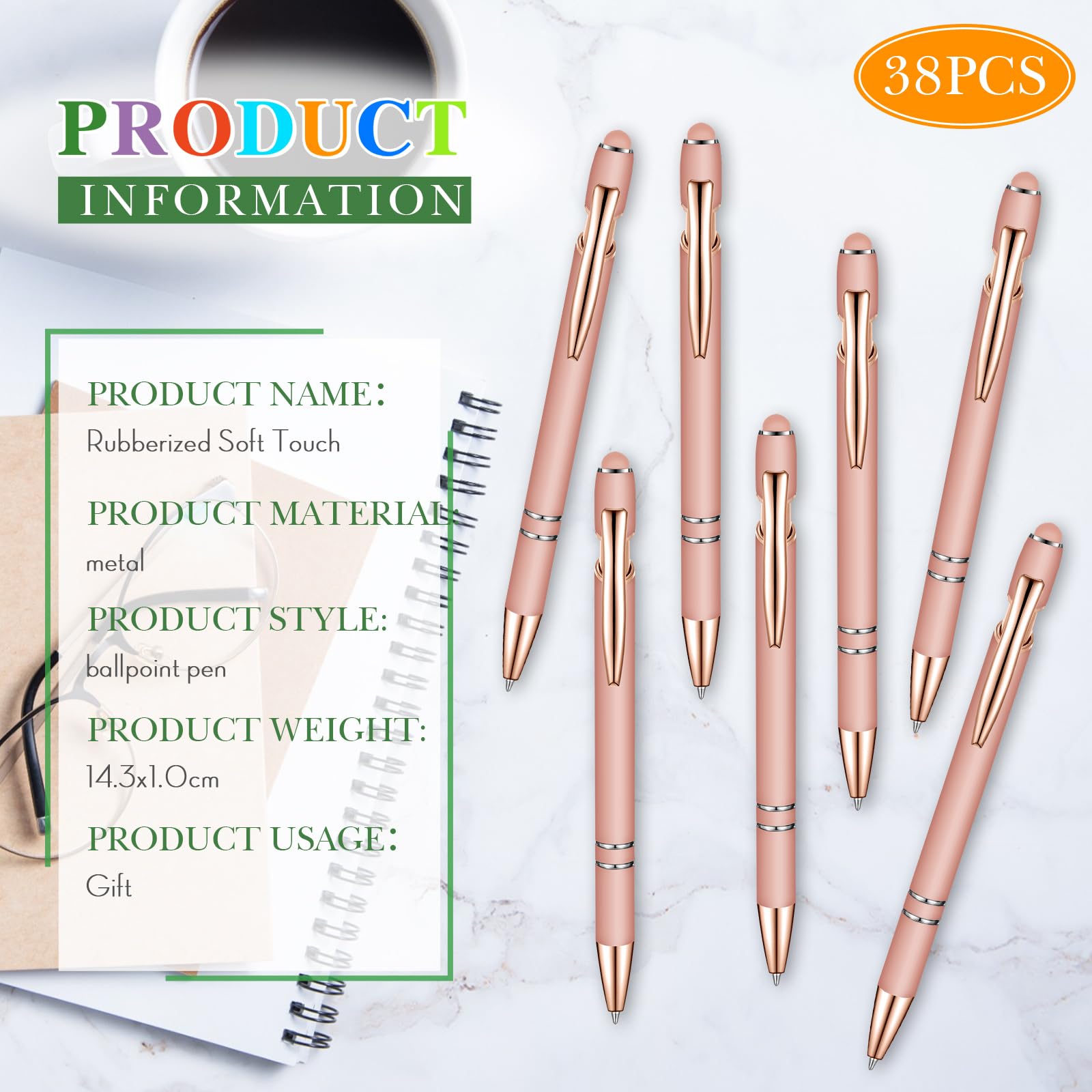 Zonon 38 Pcs Stylus Ballpoint Pens, Metal Rubberized Grip, Rose Gold