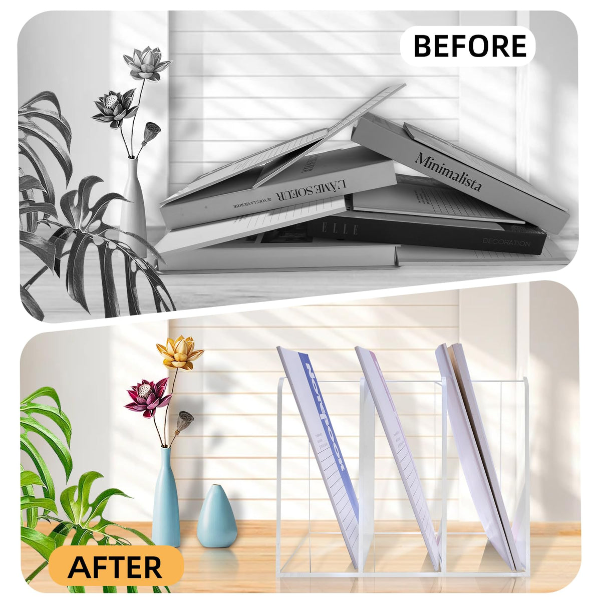 HMXLJJY Clear Acrylic Magazine Holder with 3 Compartments, Desktop File Organizer, Vertical