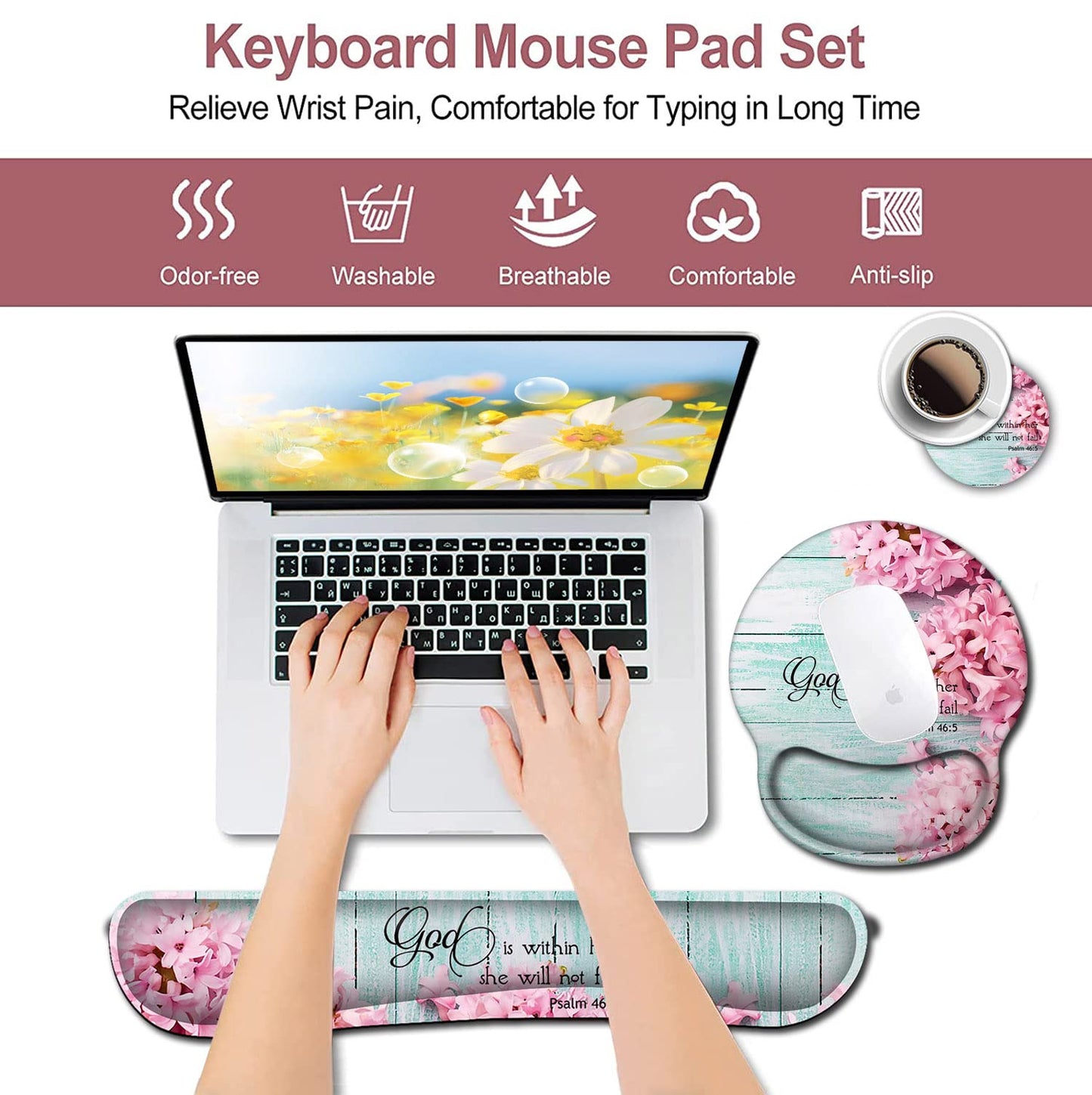 Mouse Pad with Wrist Support, Ergonomic Gel Mouse Pad Beautiful Flowers,Pink Hyacinths on Wood