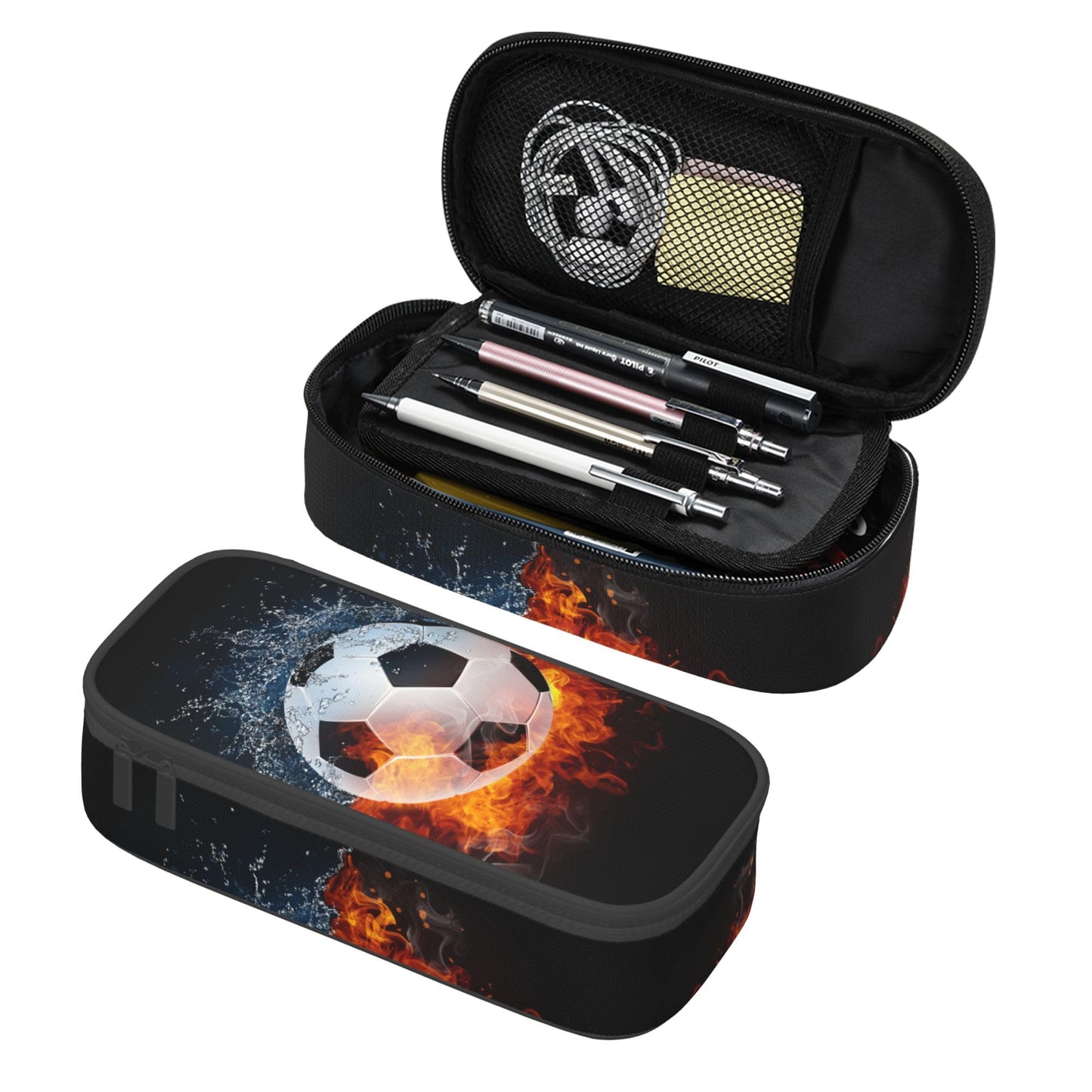 Boys Soccer Pencil Case with Water & Fire Pattern Print, Cool Black Pencil Box for Kids