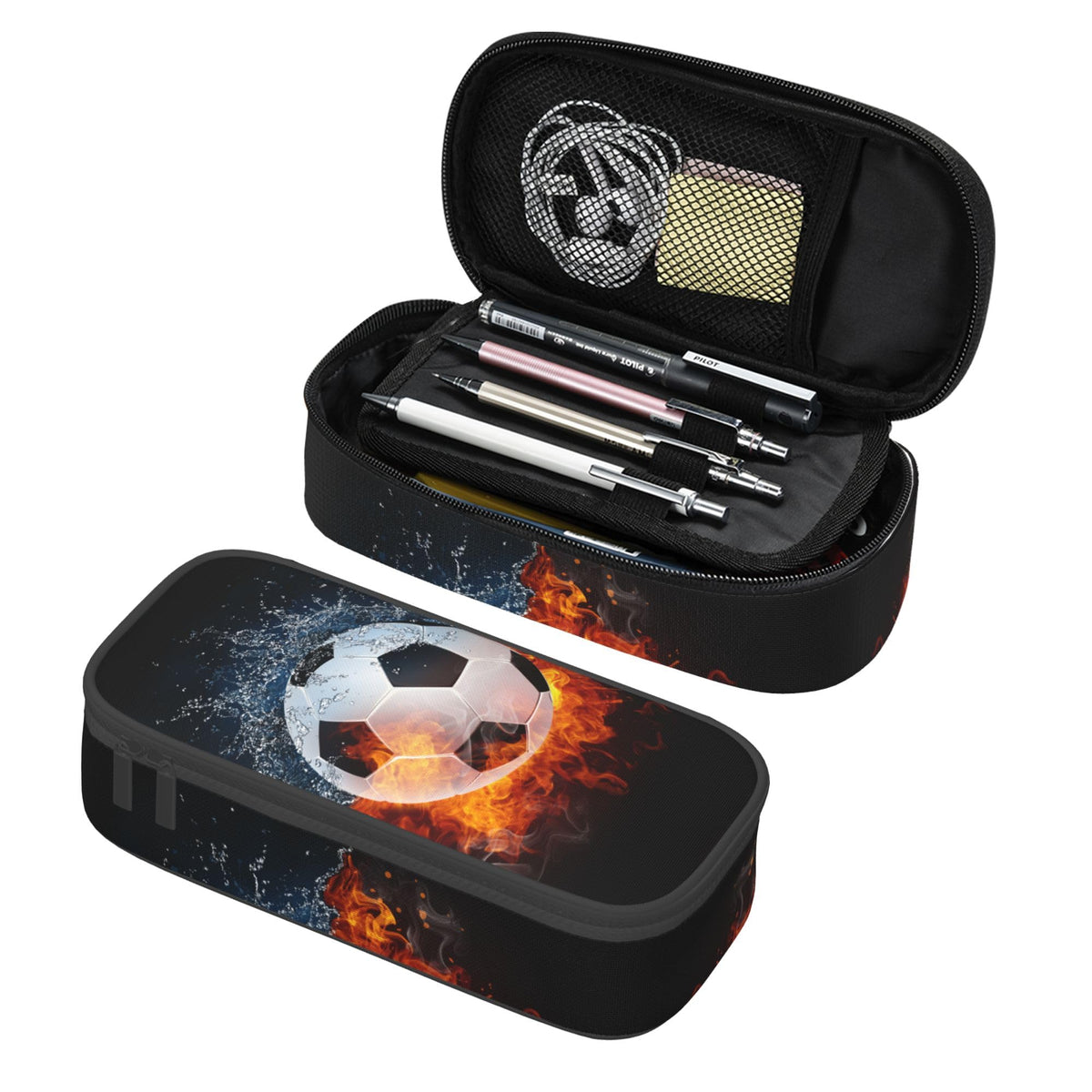Boys Soccer Pencil Case with Water & Fire Pattern Print, Cool Black Pencil Box for Kids