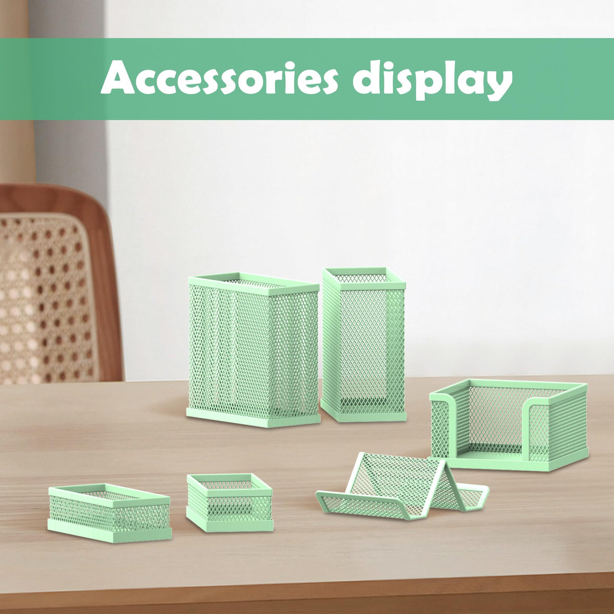 Pen Holder for Desk, 6-Piece Mesh Desk Organizer with Phone Holder, Green
