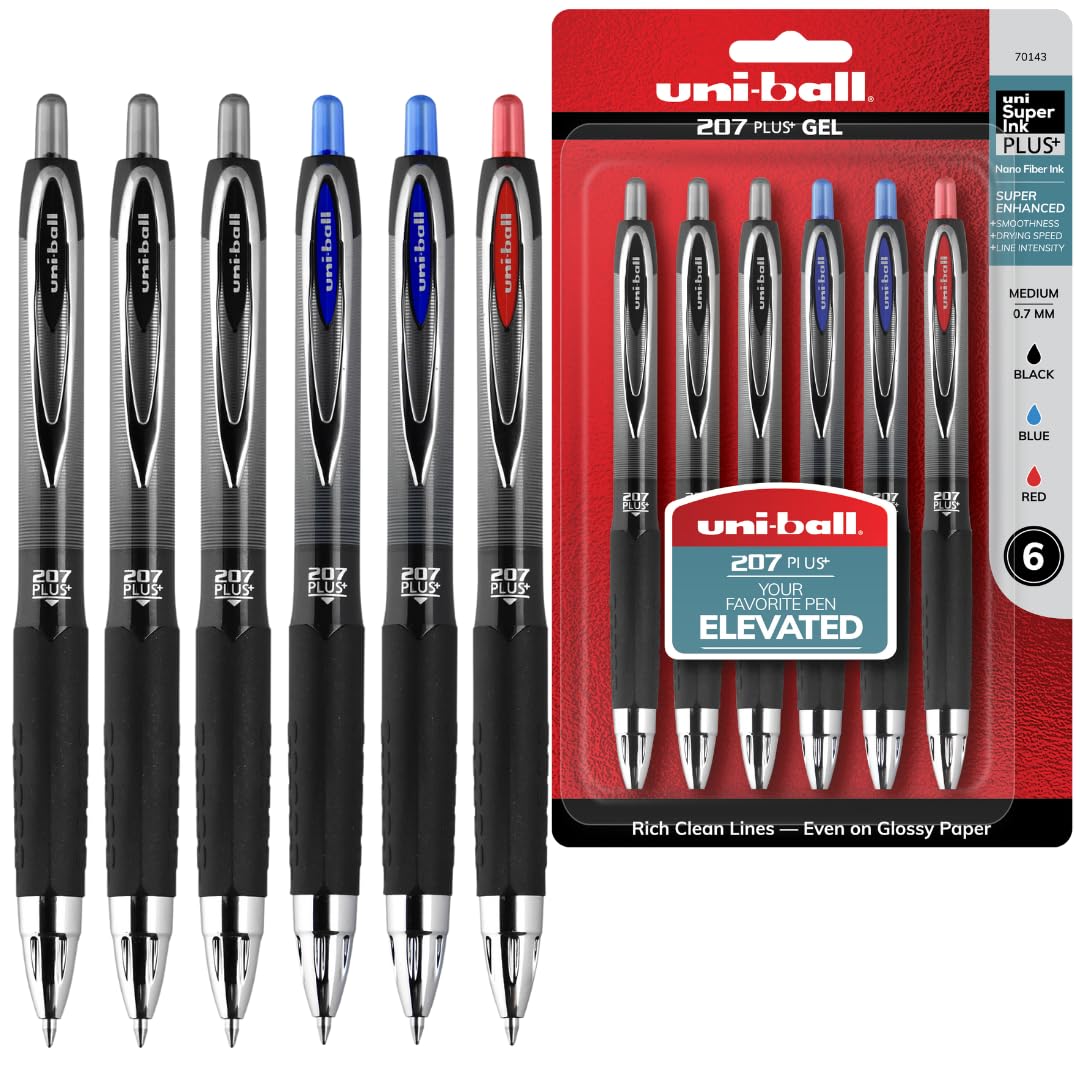 uni-ball 207 Plus+ Retractable Gel Pen 6 Pack in Assorted Colors with 0.7mm Medium Point Pen Tips