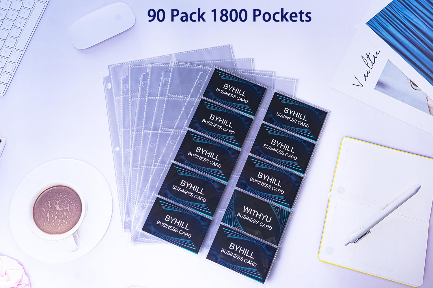 BYSTER 90 Pack 1800 Pockets Business Card Sleeves Binder Sheets, Ultra-Clear Business Card Pages