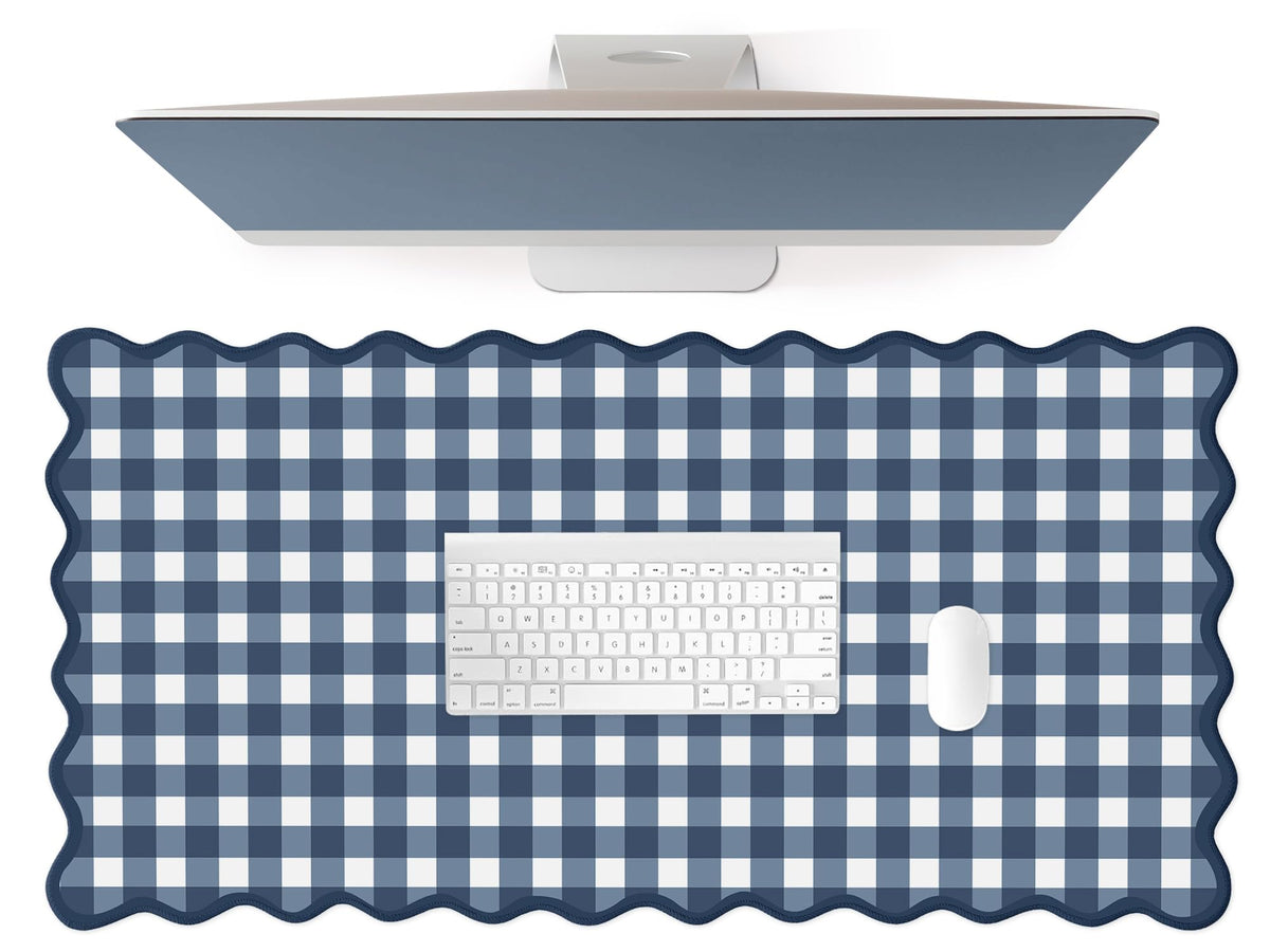 ohisxiacy Scalloped‌ Checkered Desk Mat Cute Dark Blue XXL Large Gaming Mouse Pad Gingham Kawaii