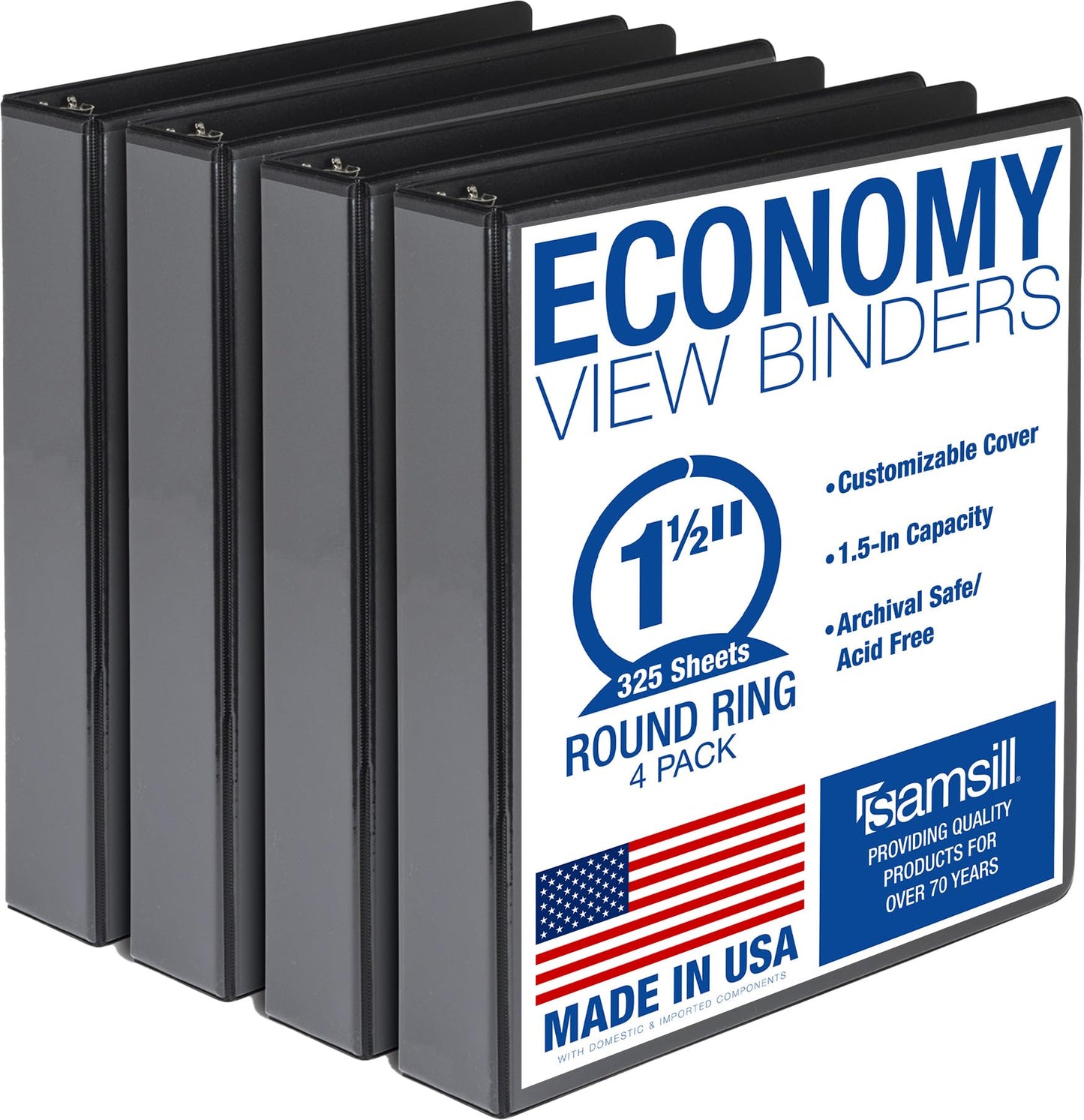 Samsill 1.5 Inch 3 Ring Binders, Made in USA, Economy Round Ring, Clear View Cover, 325 Sheet