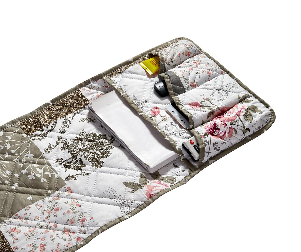 Brilliant Sunshine Pink Rose & Grey Toile Couch Armrest Cover, 35"×13"