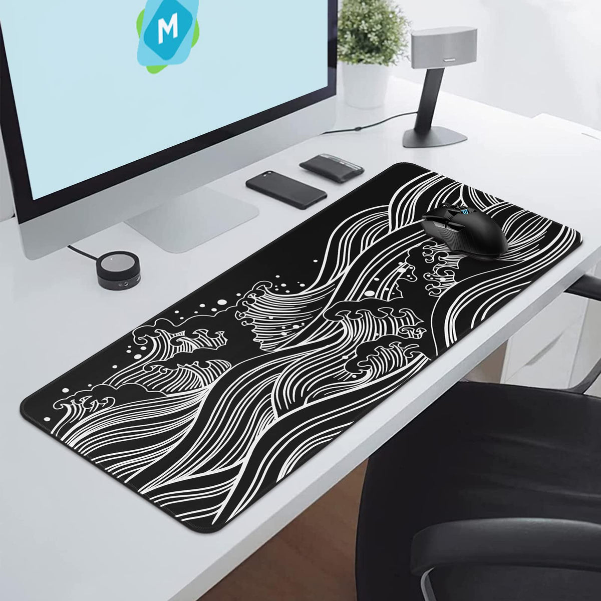 DIGSOM Gaming Mouse Pad Black and White Sea Wave Pattern, 31.5 x 11.8in