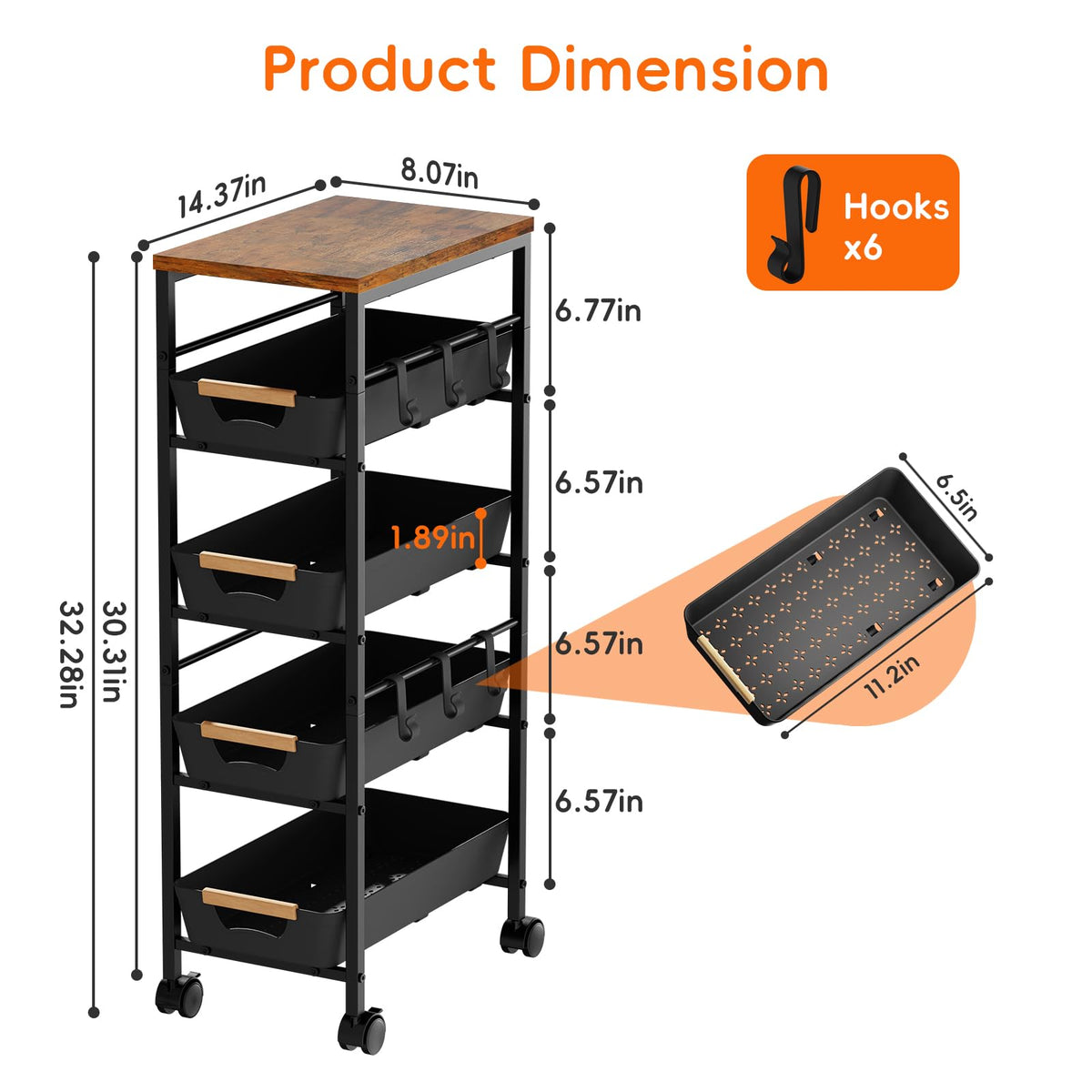 Landmok 5-Tier Slim Storage Cart, Wooden Top Rolling Kitchen Cart with Pull-Out Baskets & Wheels