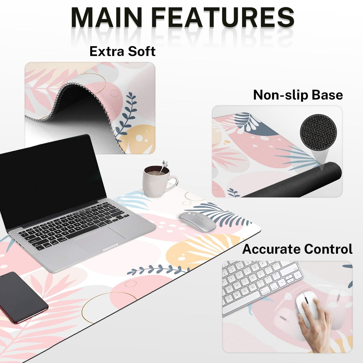 Arttown Keyboard Mouse Pad Set, 4 in 1 Desk Mat Set Botanical Vintage