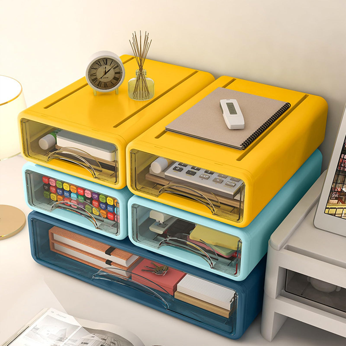 Desk Organizer with Drawers, Stackable Storage Drawers with Compartments Desktop Organization for