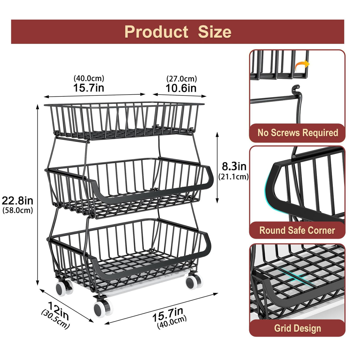 Miyawell 3-Tier Rolling Pantry Cart with Wheels, Stackable Wire Storage Floor Organizer for Kitchen
