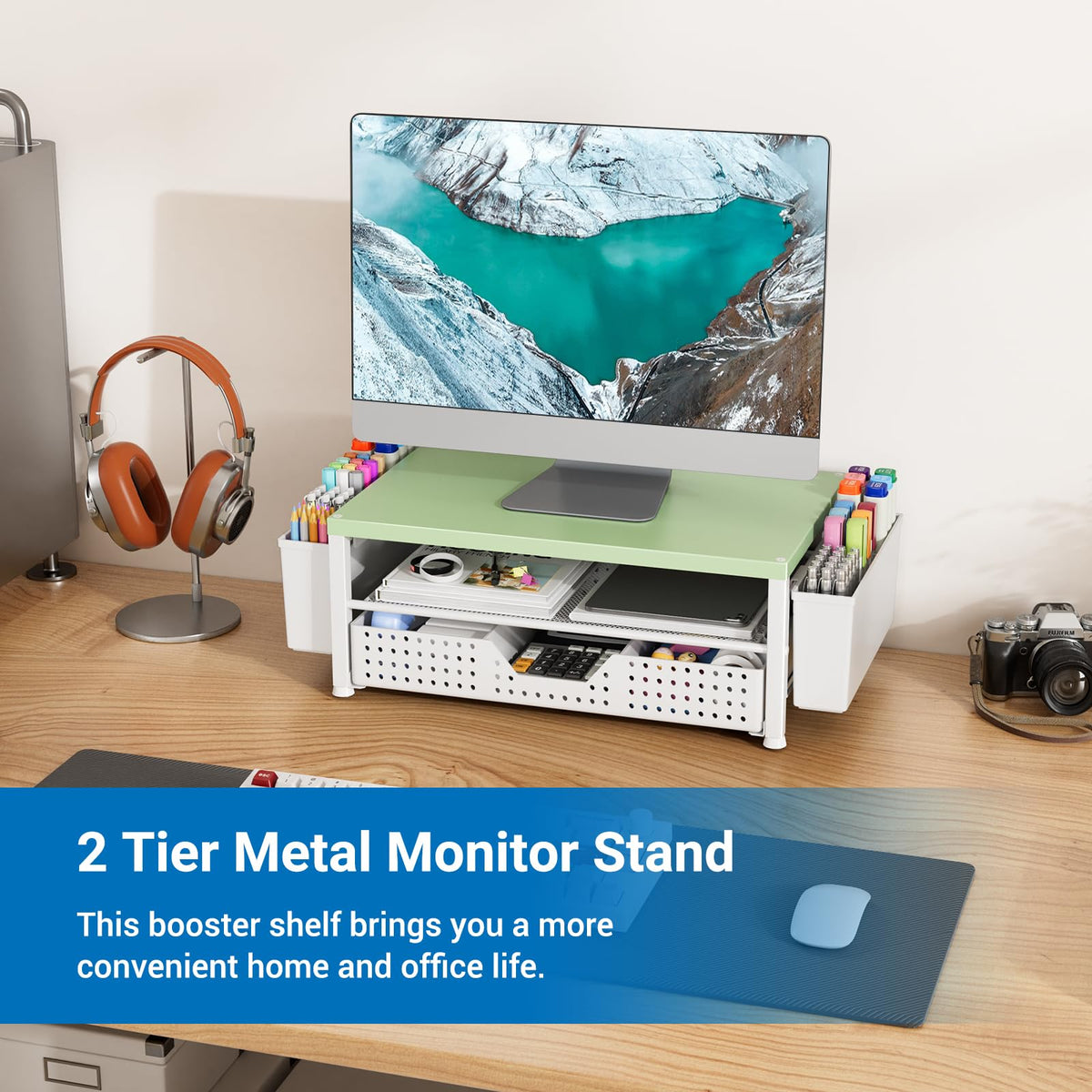 Gugsey Wood Metal Monitor Stand Riser, Laptop Stand for Desk, Office Desk Organizer and