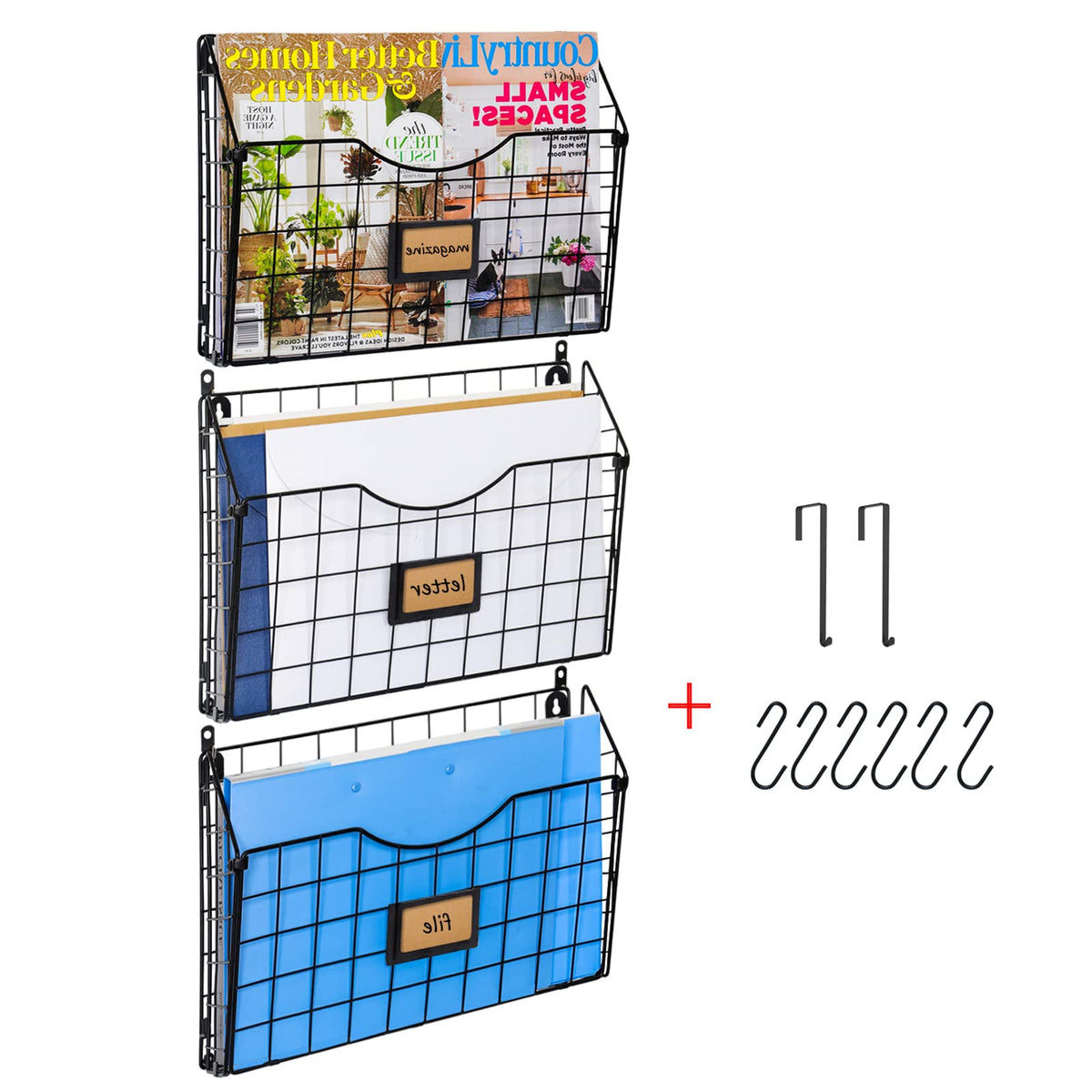 X-cosrack 3-Tier Hanging Wall Files with Door Hooks and 6pcs S Shape Hooks