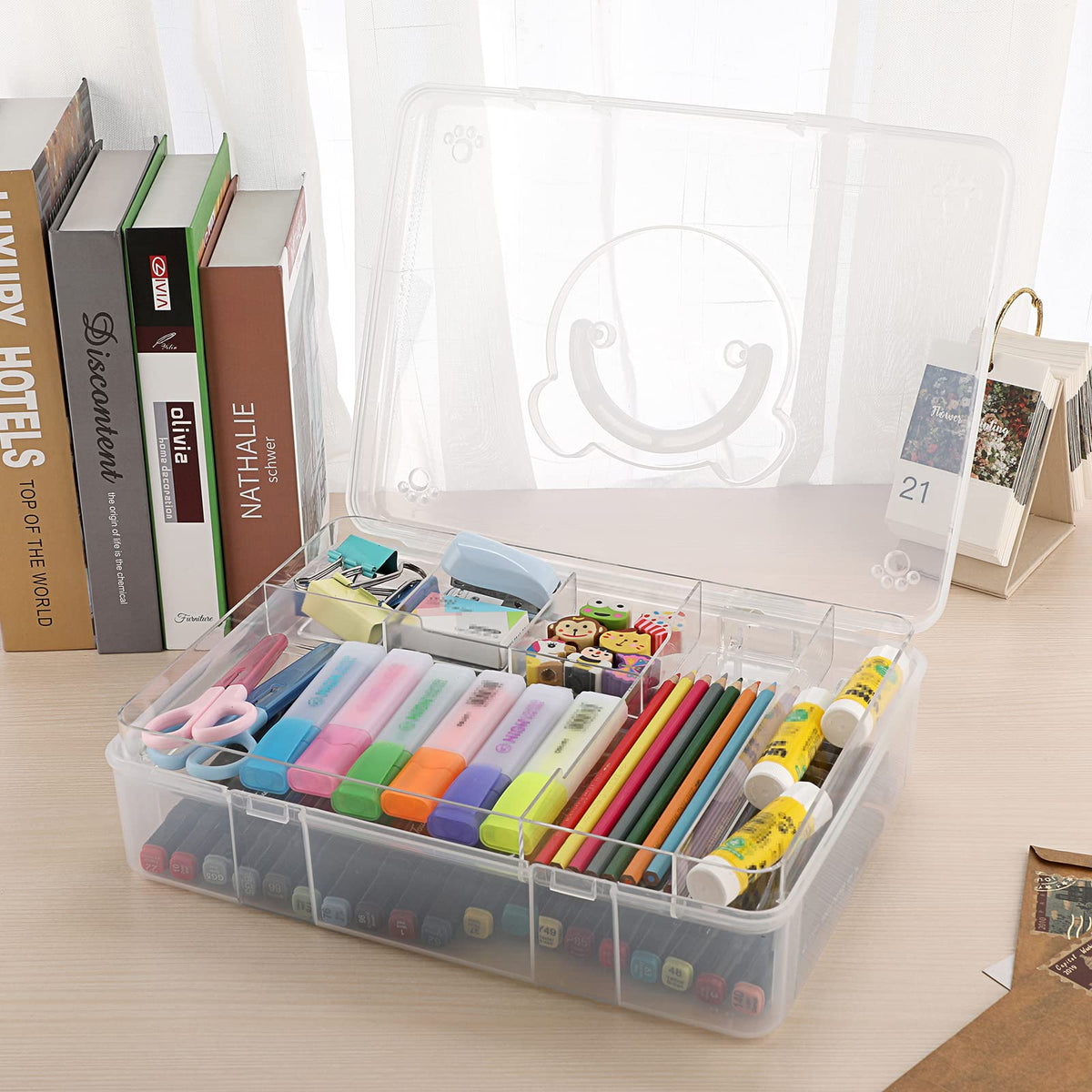 BTSKY 2-Tier Cute Bear Storage Box with Removable Divided Tray Portable Clear Plastic Art Craft