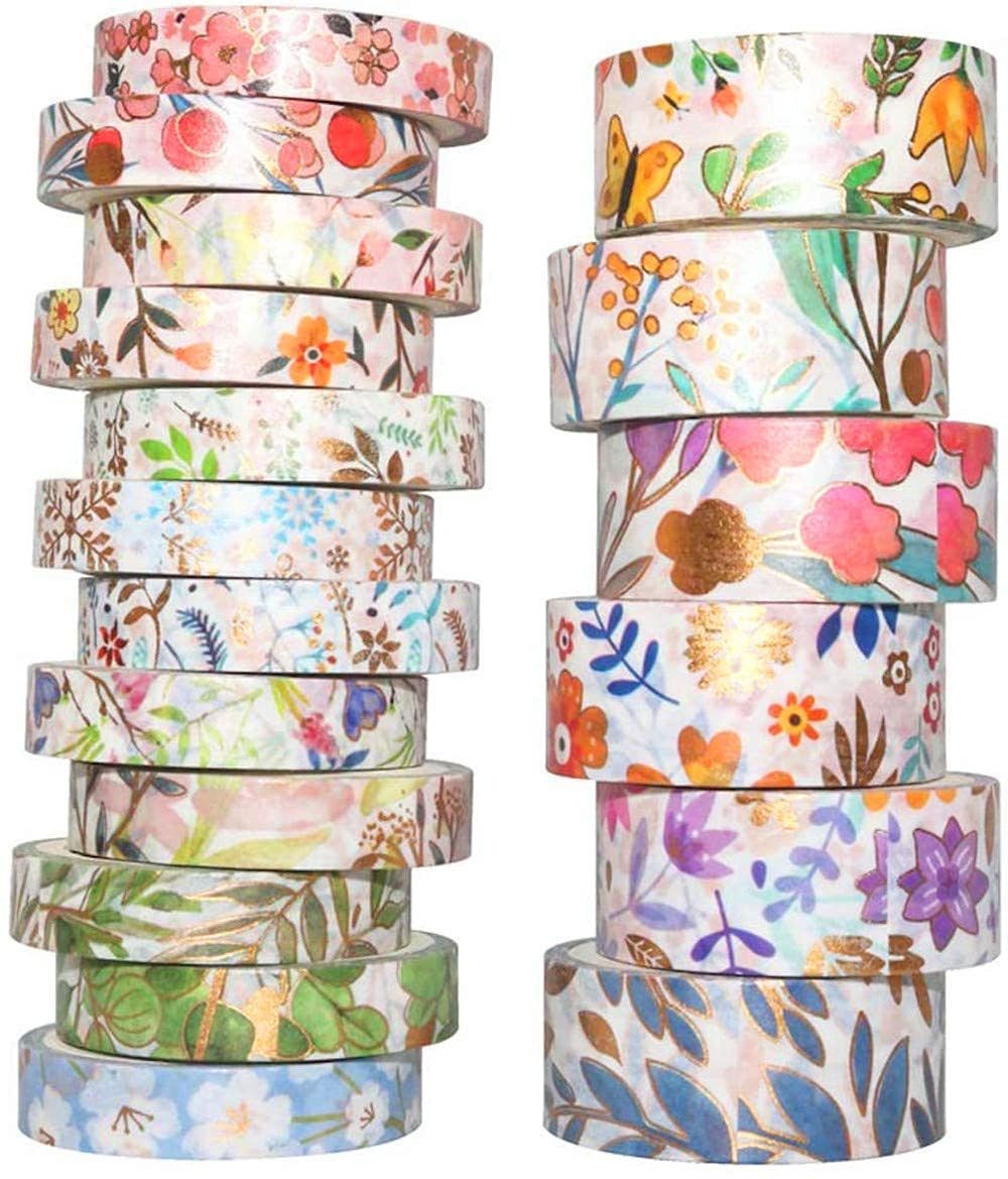YUBX 18 Rolls Floral Gold Washi Tape Set VSCO Foil Masking Decorative for Arts, DIY Crafts, Journal