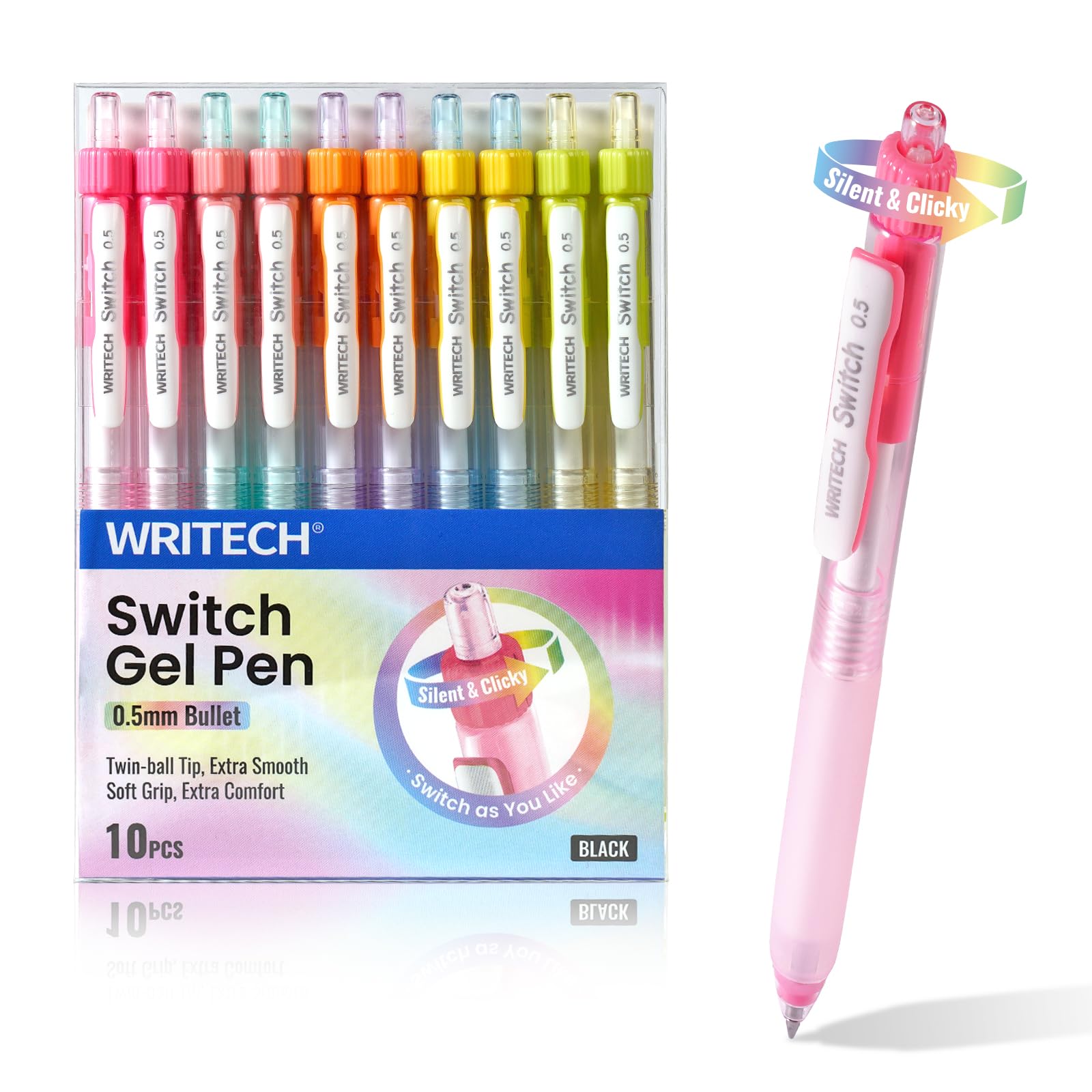 WRITECH Retractable Gel Ink Pens: 0.5mm Black-Ink Switch Between Silent and Clicky Soft Grip Fine