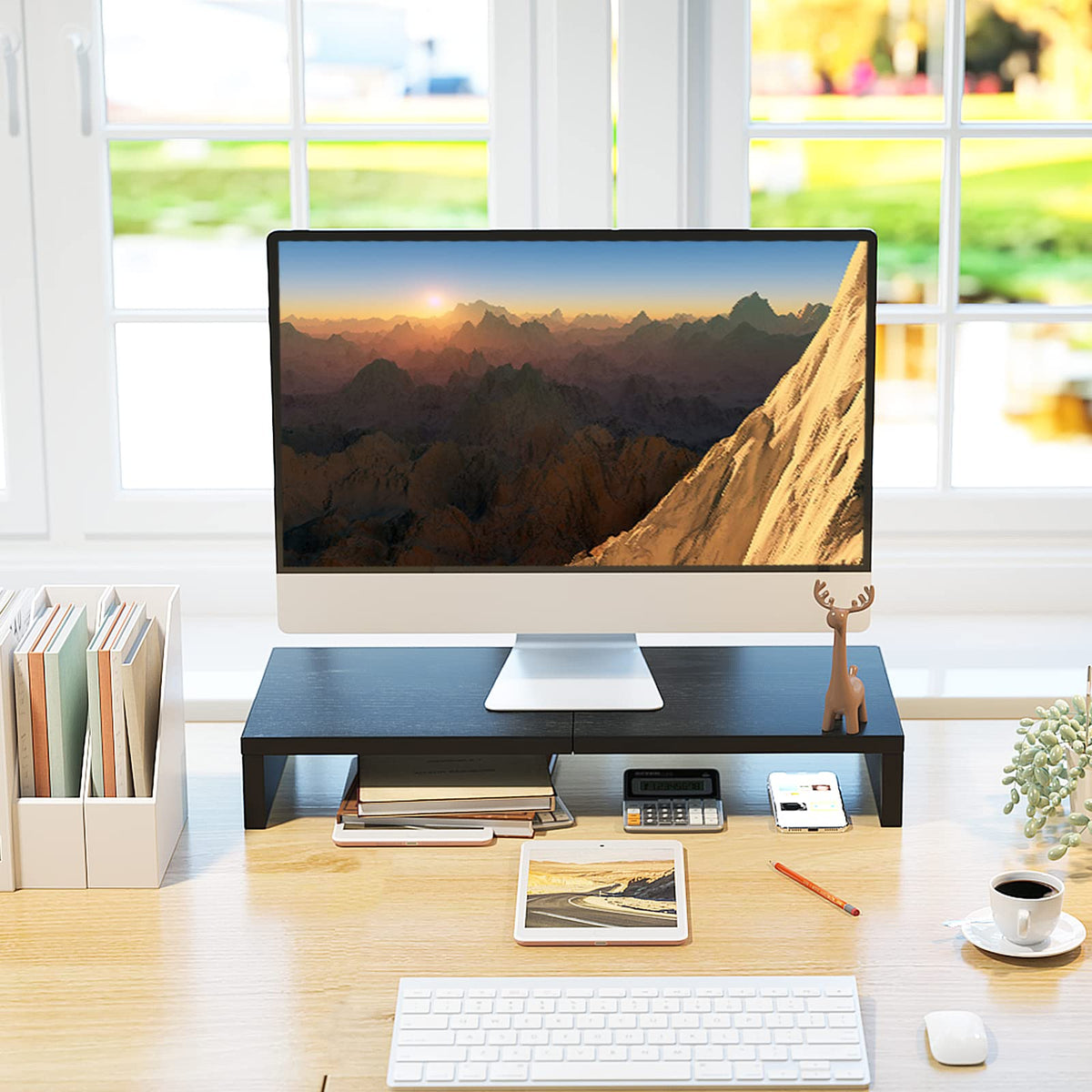 TEAMIX 20 Inch Monitor Stand Riser for Desk, Wood Computer Stand, Black