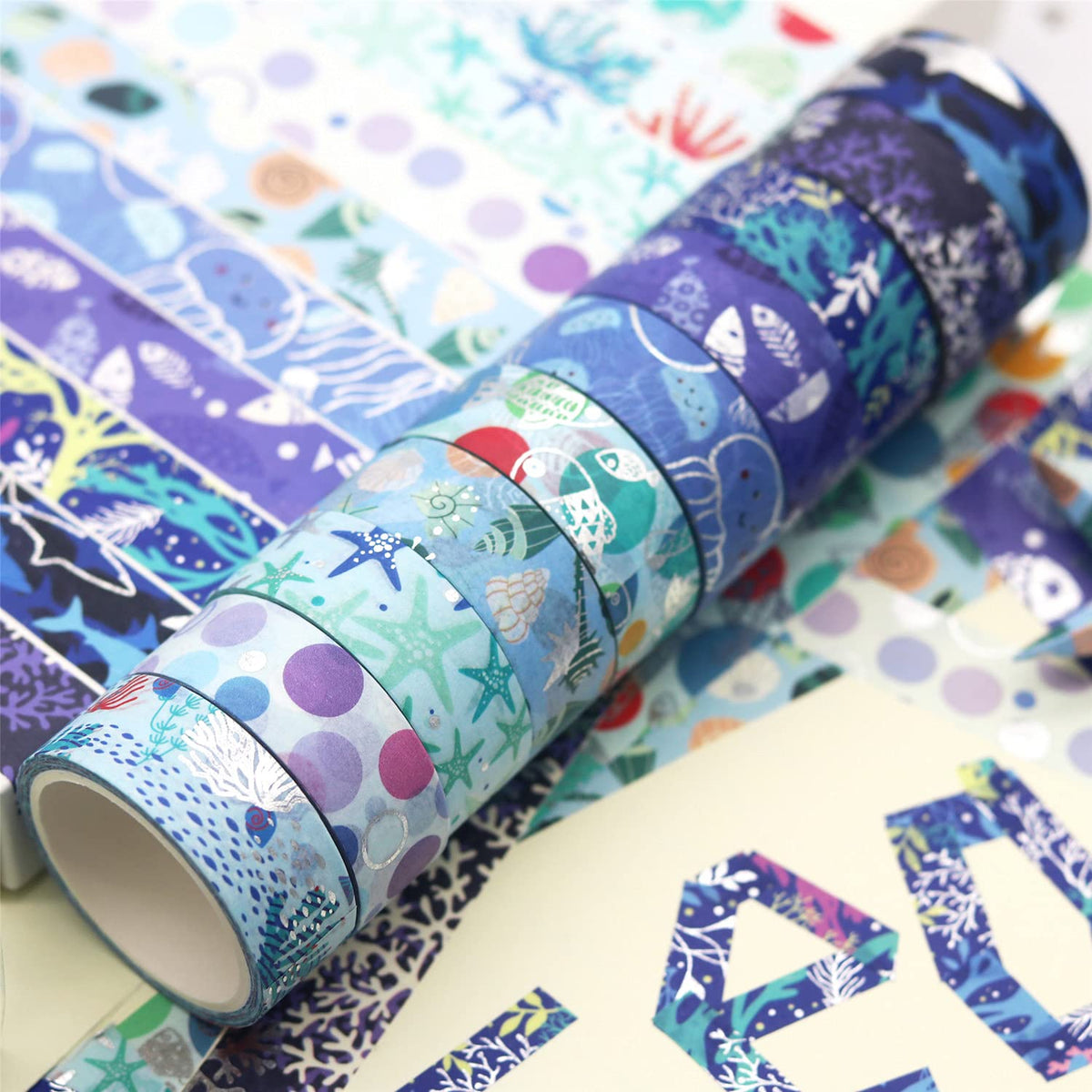 YUBX Ocean Blue Washi Tape Set 10 Rolls Silver Foil Print Decorative Masking Tapes for Arts, DIY