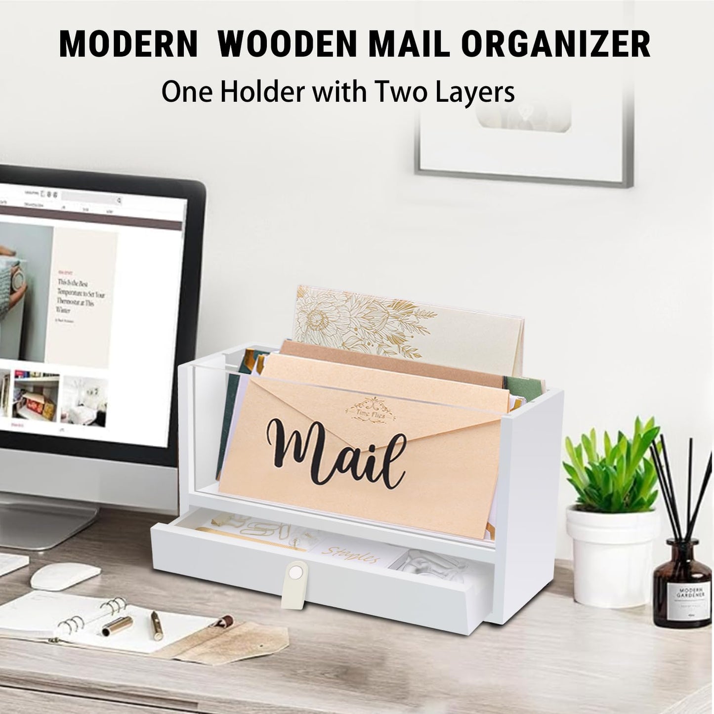 Two-Layer Solid Wooden Mail Storage Organizer Holder with Clear Acrylic Top and Bottom Drawer