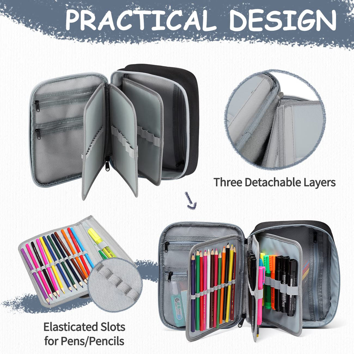 VASCHY Large Pencil Case, Art Color Pencils Pouch with Detachable Layers Multiple Zip Pockets for