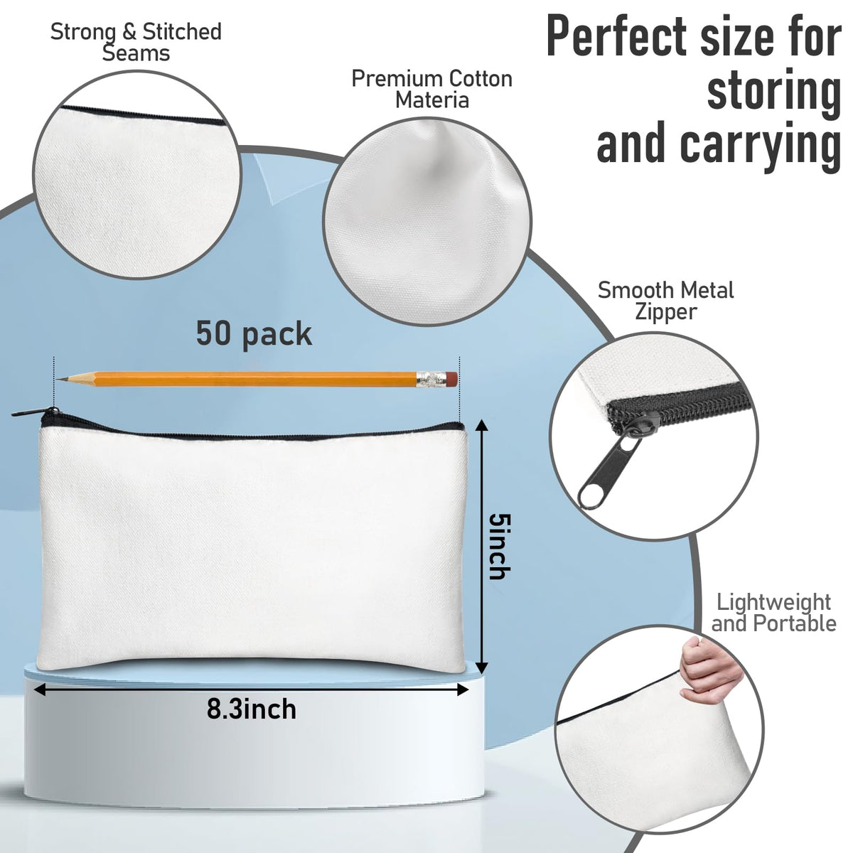 Legigo 50 Pack Blank Canvas Bag Zipper Pouch Makeup Bags Bulk, White