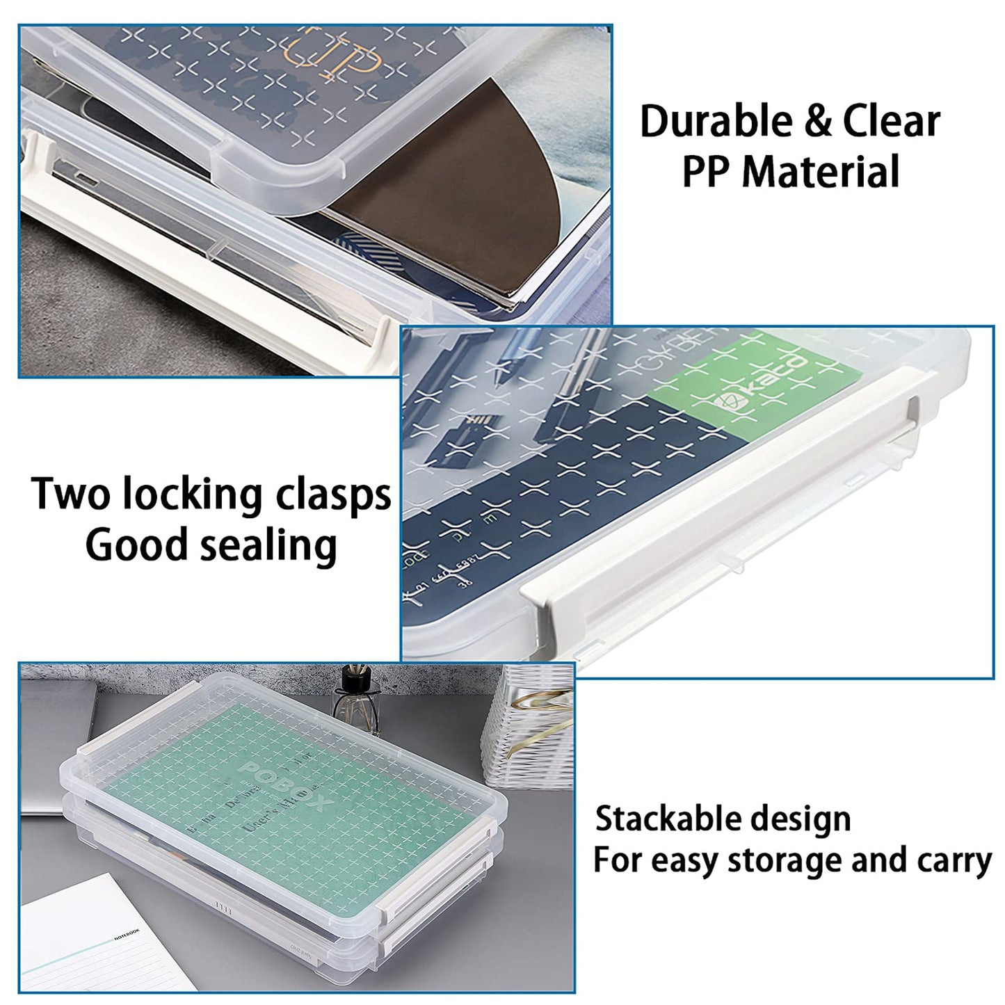BTSKY 4 Pack A4 Plus Clear Plastic Stackable Storage Box Desk Paper Magazine Container with Buckle