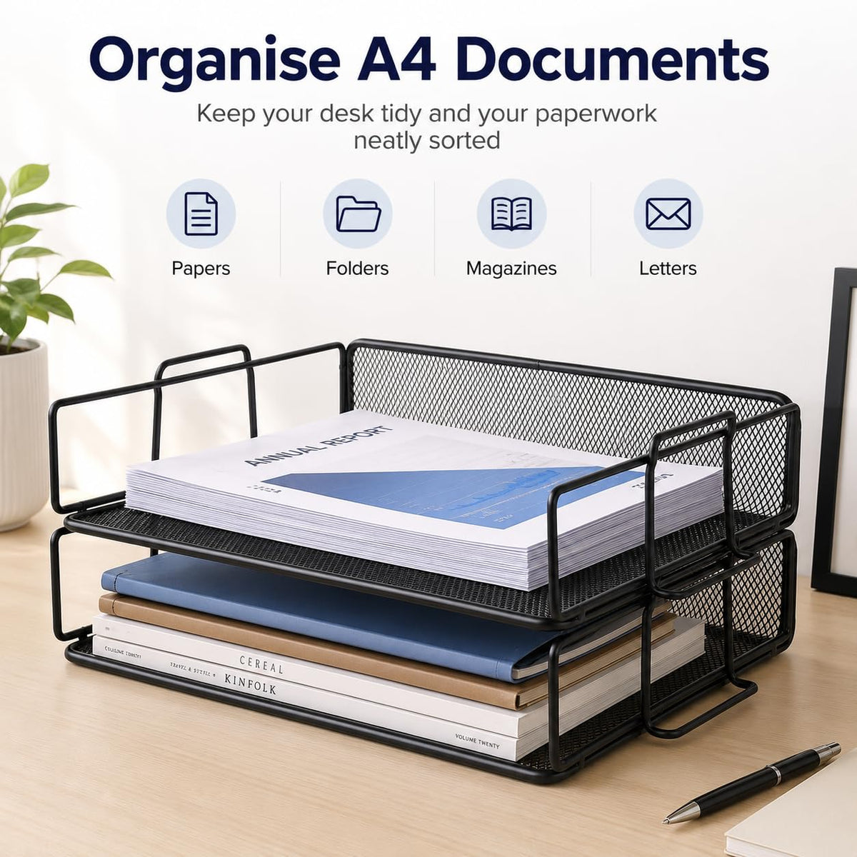 Exerz Letter Trays Stackable Paper Sorter/Desk Organiser/File Tray for Desk - Wire Mesh Metal File