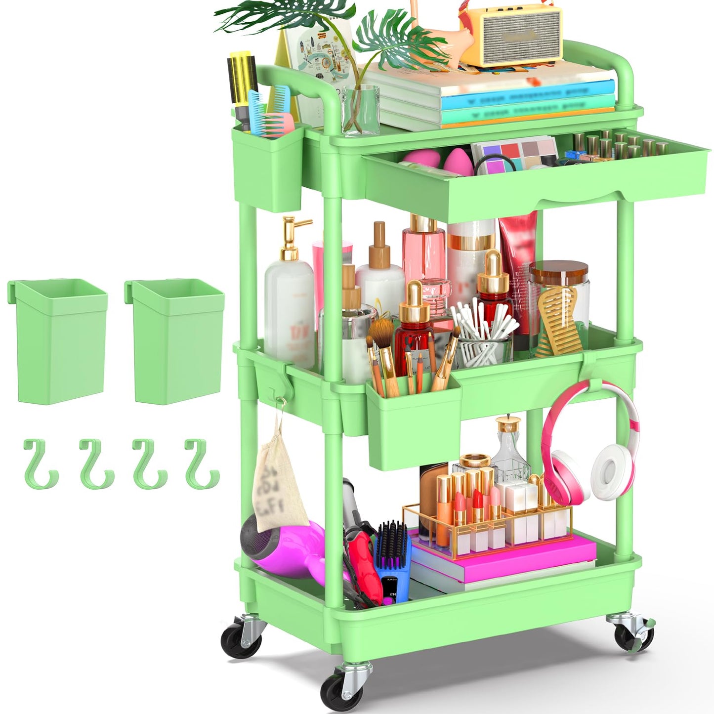 Goovilla 3 Tier Rolling Utility Cart Organizer with Removable Drawer, Green