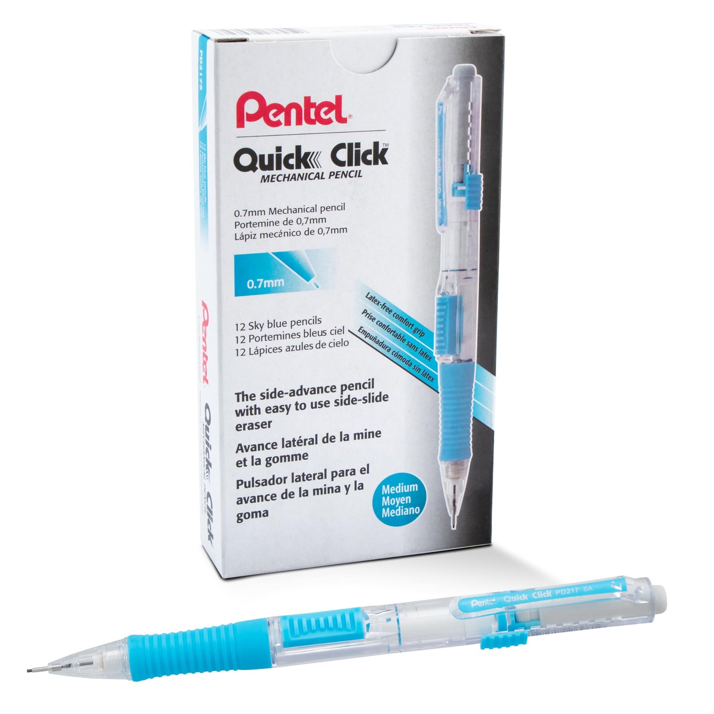 Pentel QUICK CLICK Mechanical Pencil (0.7mm), Sky Blue Barrel, Box of 12 (PD217S)