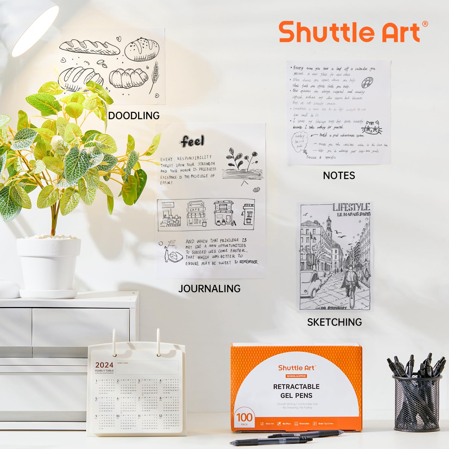 Shuttle Art Black Gel Pens, 100 Pack Retractable Medium Point Rollerball Gel Ink Pens Smooth