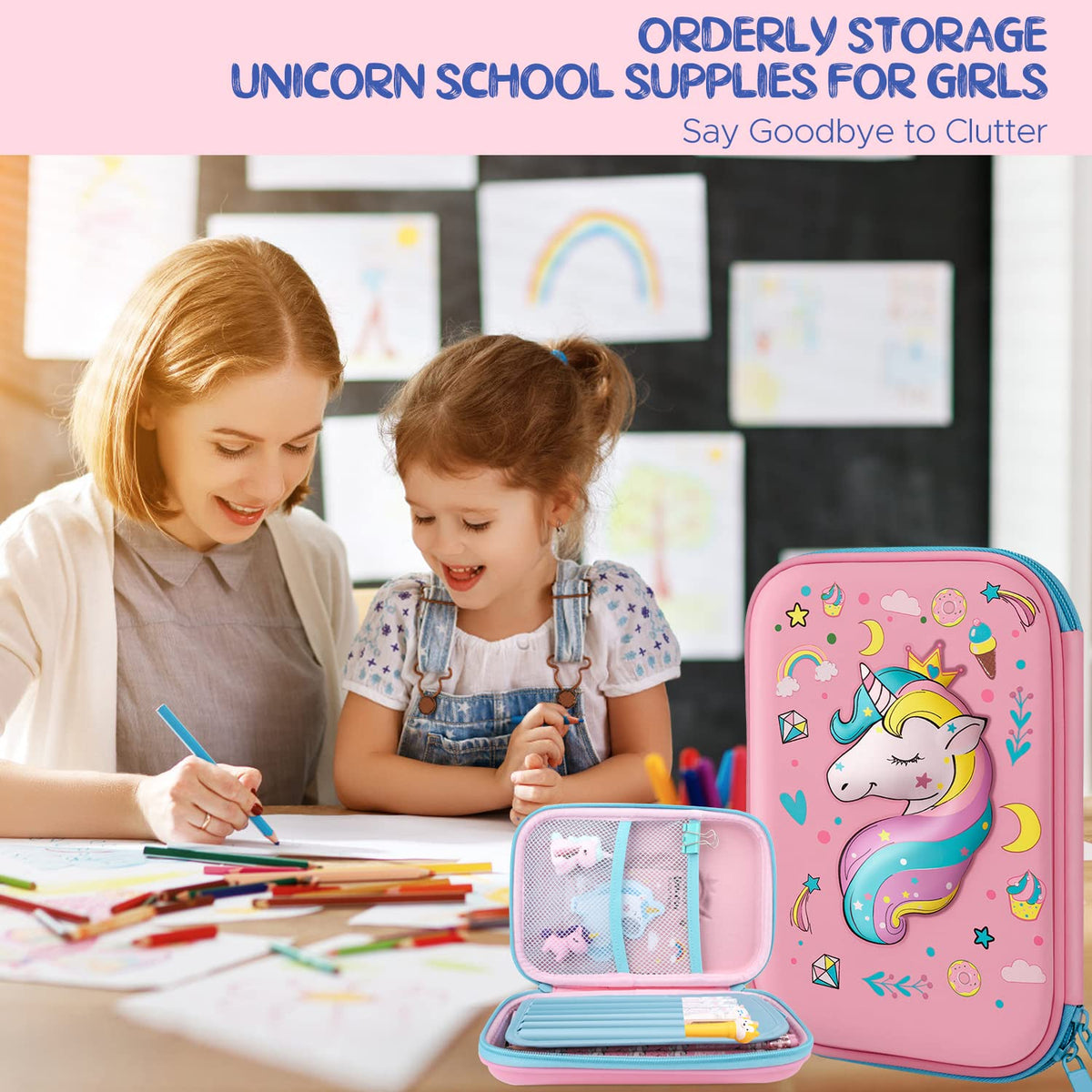 homicozy Pencil Case for Girls,Cute Unicorn Stationary Set for Kids,3D EVA School Large Capacity