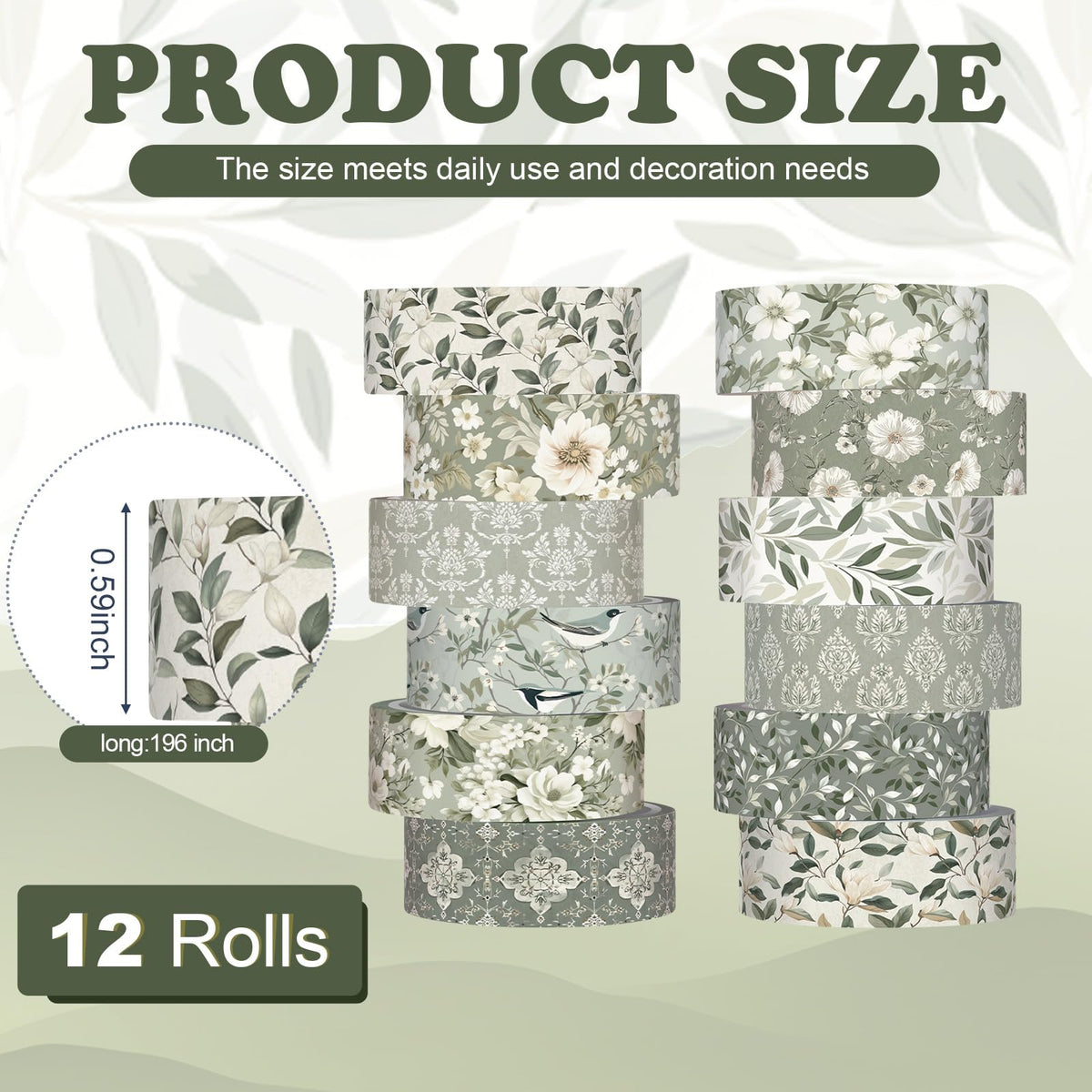 YooNotee 12 Rolls Floral Washi Tape Set,Sage Green,Greenery