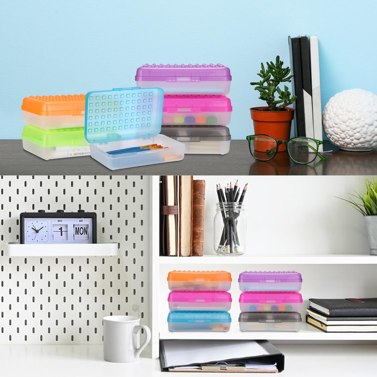 BTSKY 6 Pack Multipurpose Utility Box- Large Capacity Pencil Box with Lid Snap Closure Pencil