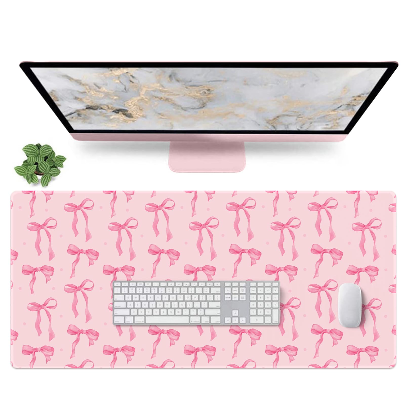 Pink Desk Mat, Bows Mouse Pad Computer Mat Desk Accessories 35.4 x 15.7in