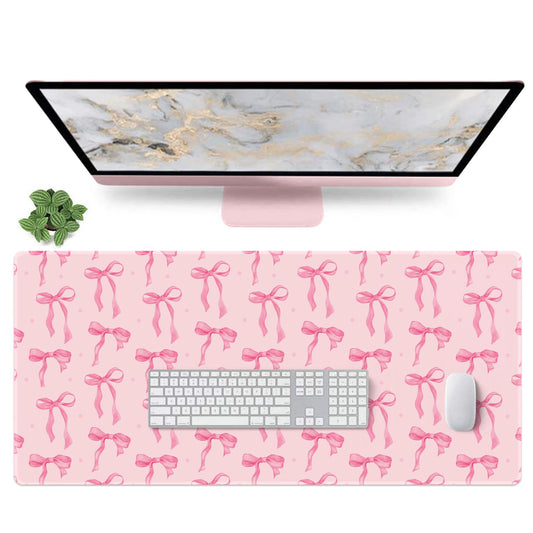Pink Desk Mat, Bows Mouse Pad Computer Mat Desk Accessories 35.4 x 15.7in