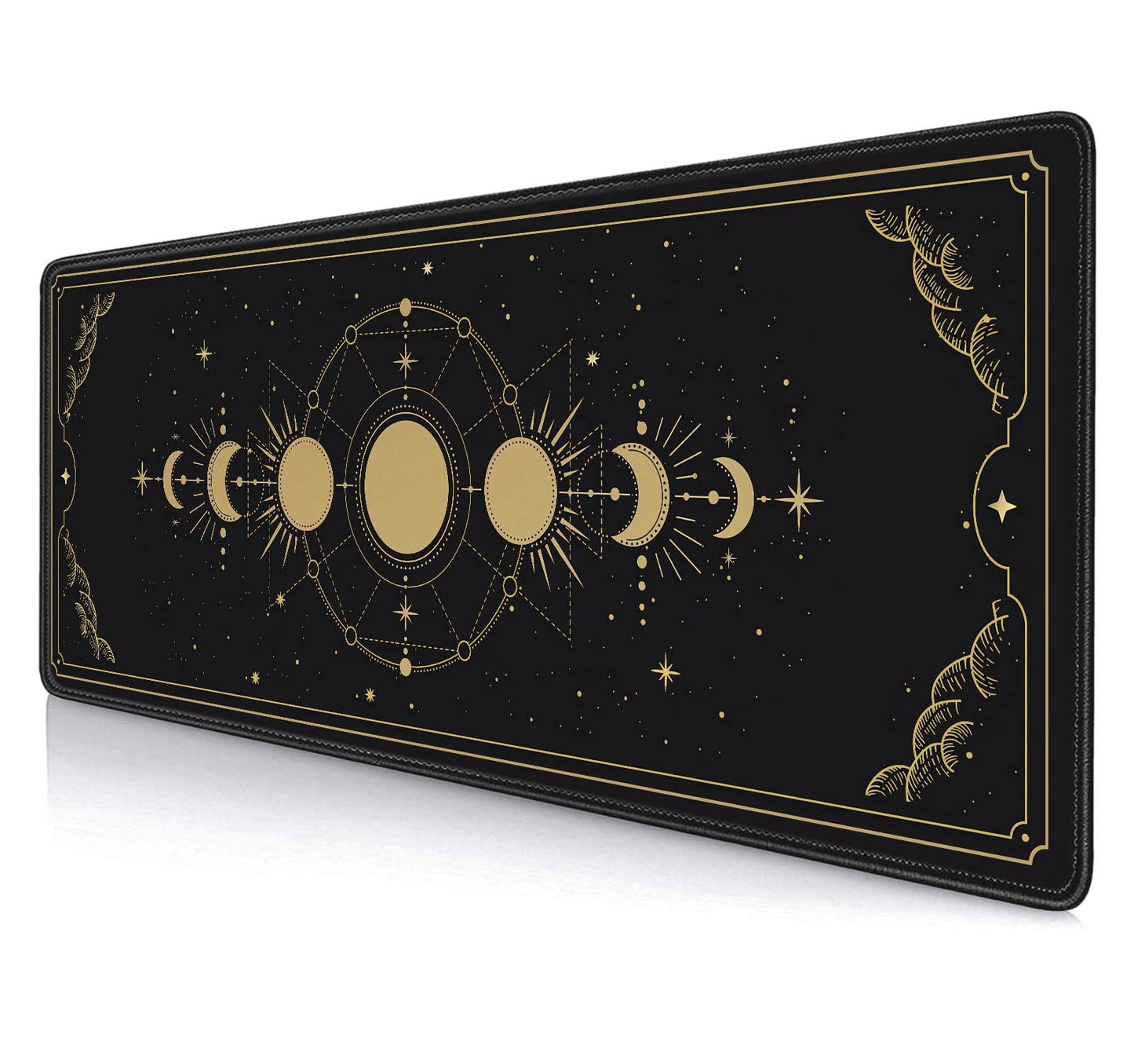 HUOCAIREN Moon Phases Large Mouse Pad, Celestial Moon Cycle Lunar Chart in Black and Gold Desk Pad