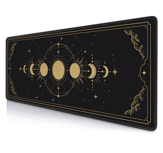 HUOCAIREN Moon Phases Large Mouse Pad, Celestial Moon Cycle Lunar Chart in Black and Gold Desk Pad
