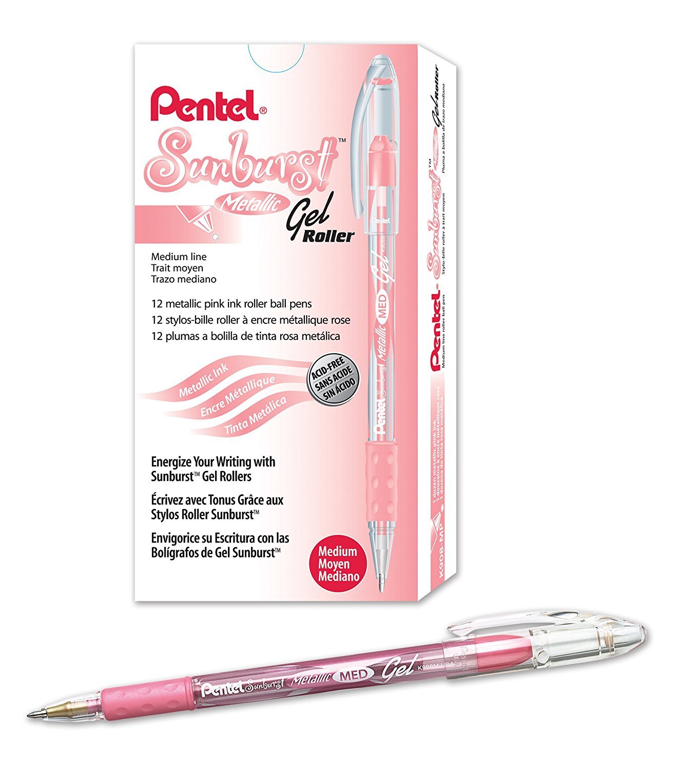 Pentel Sunburst Metallic Gel Pen, 0.8mm Tip Writes 0.4mm Line, Pink/Transparent Barrel Pink Ink