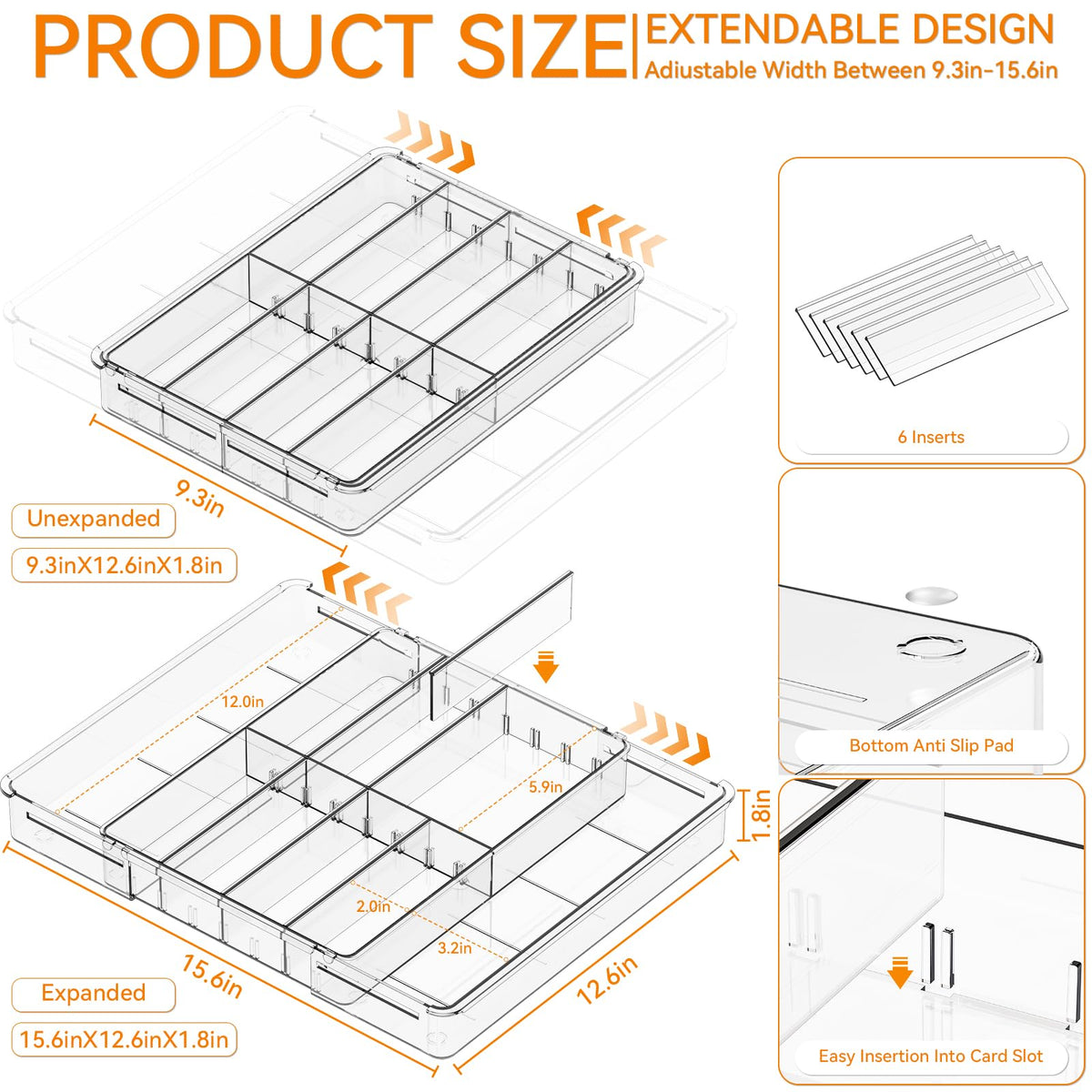 Yieach Expandable Desk Drawer Organizer Tray,1.8 Inch High Junk Drawer Organizer for Kitchen,Clear