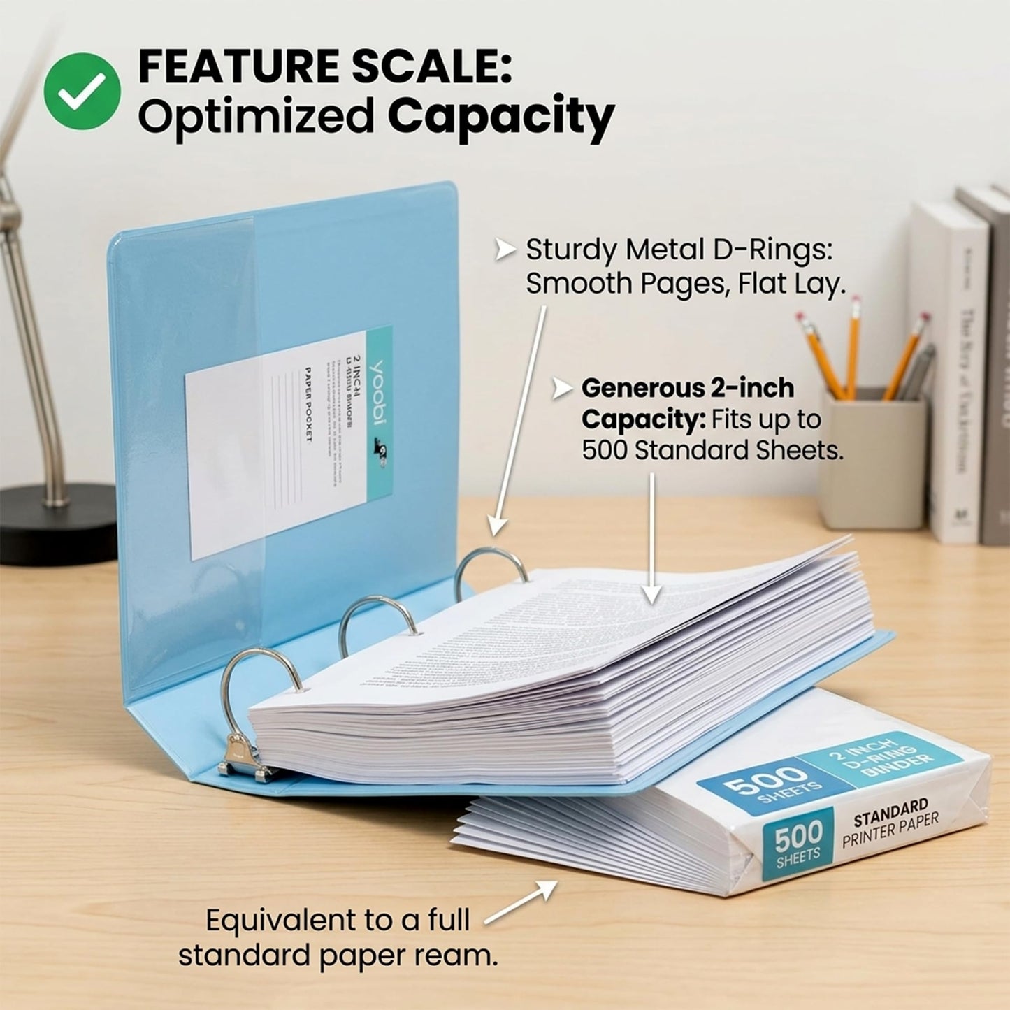 Yoobi 2 Inch 3-Ring Binders, 2 Pockets, PVC-Free, 500 Sheets, 4-Pack