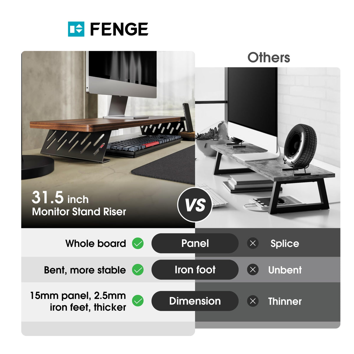 Fenge Monitor Stand Riser, Wooden & Metal Desk Shelf Organizer, Brown