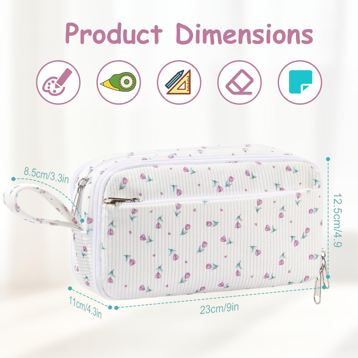 BuyCard Big Capacity Pencil Case, Corduroy Fabric, White with Purple Floral Pattern, Pencil Bag