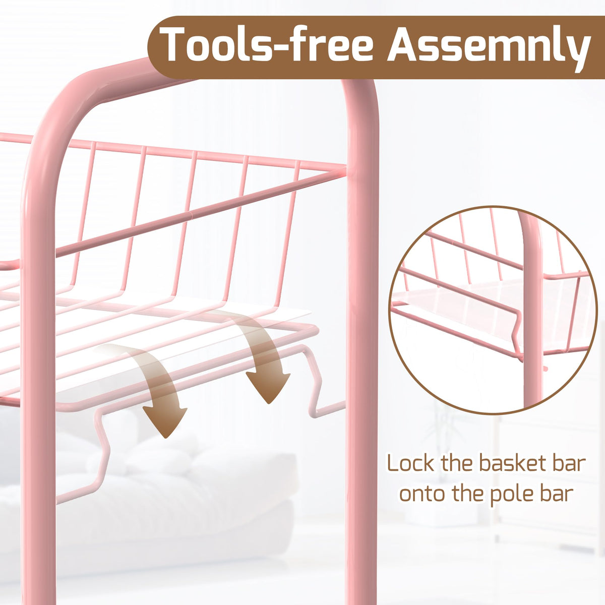 PLKOW 4-Tier Rolling Utility Cart with Detachable Baskets, Pink