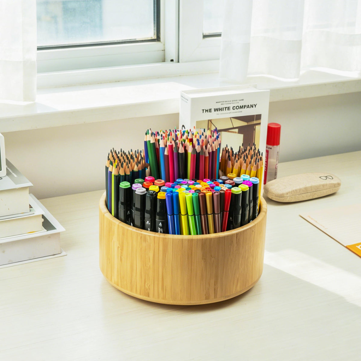 Utoplike Large Bamboo Rotating Pencil Holder, 360° Colored Pen Organizer