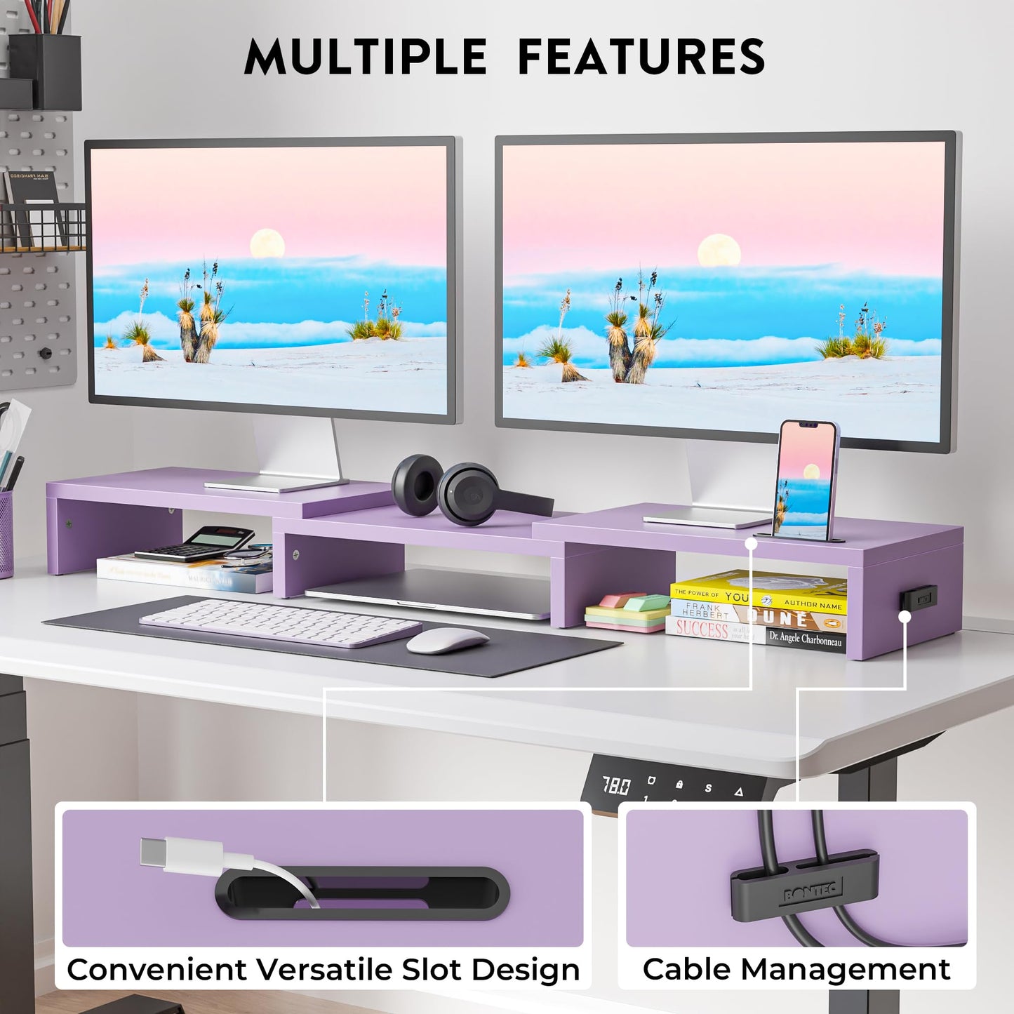 BONTEC Dual Monitor Stand Riser, Adjustable Length & Swivel Angle, Purple