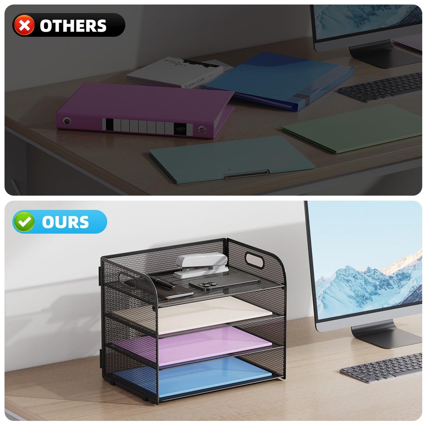 Marbrasse 4 Tier Paper Organizer Letter Tray - Mesh Desk File Organizer with Handle, Paper Sorter