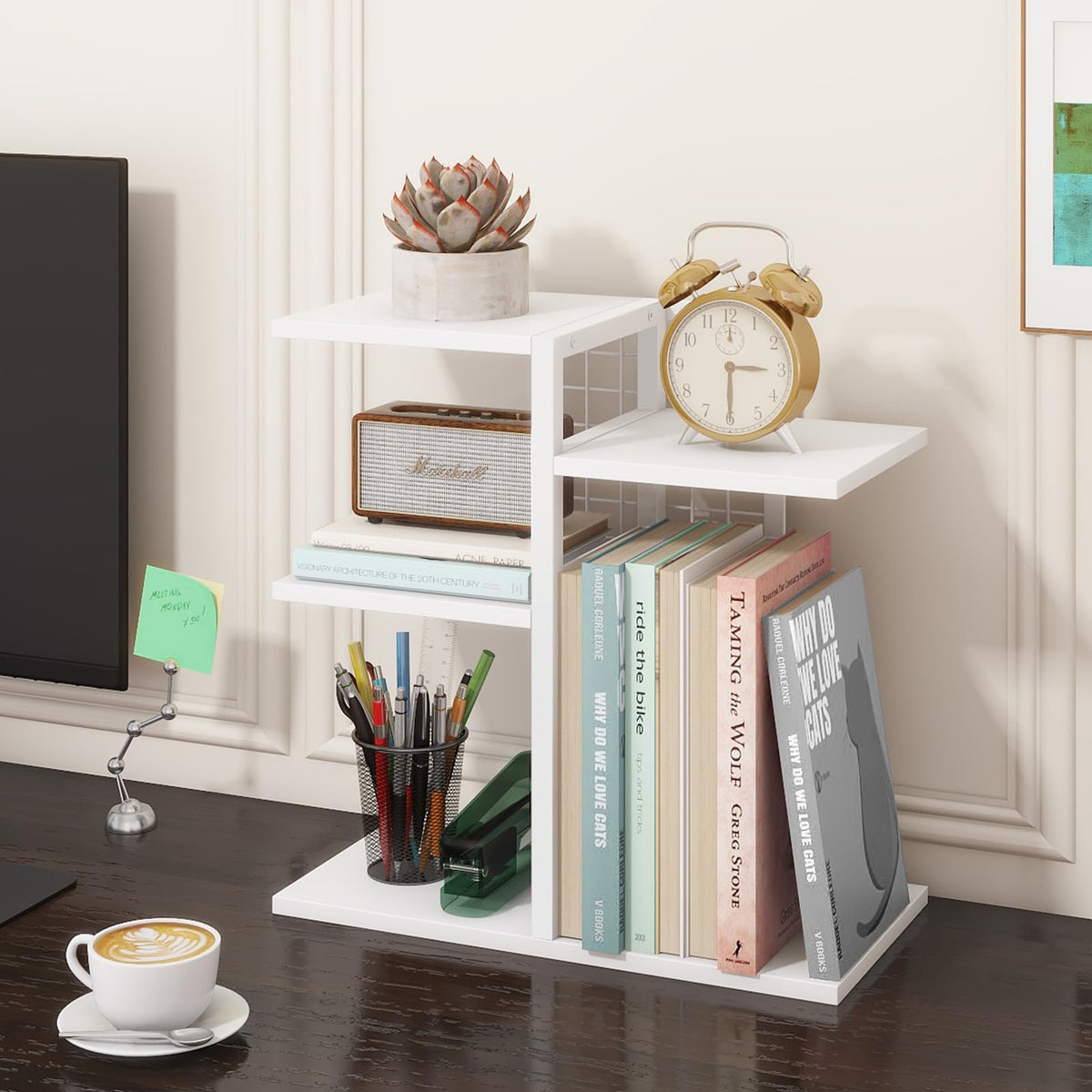 ELITEROO Desk Bookshelf, 4 Tier Wood Desktop Bookshelf, Adjustable Table Top Book Shelf and Storage